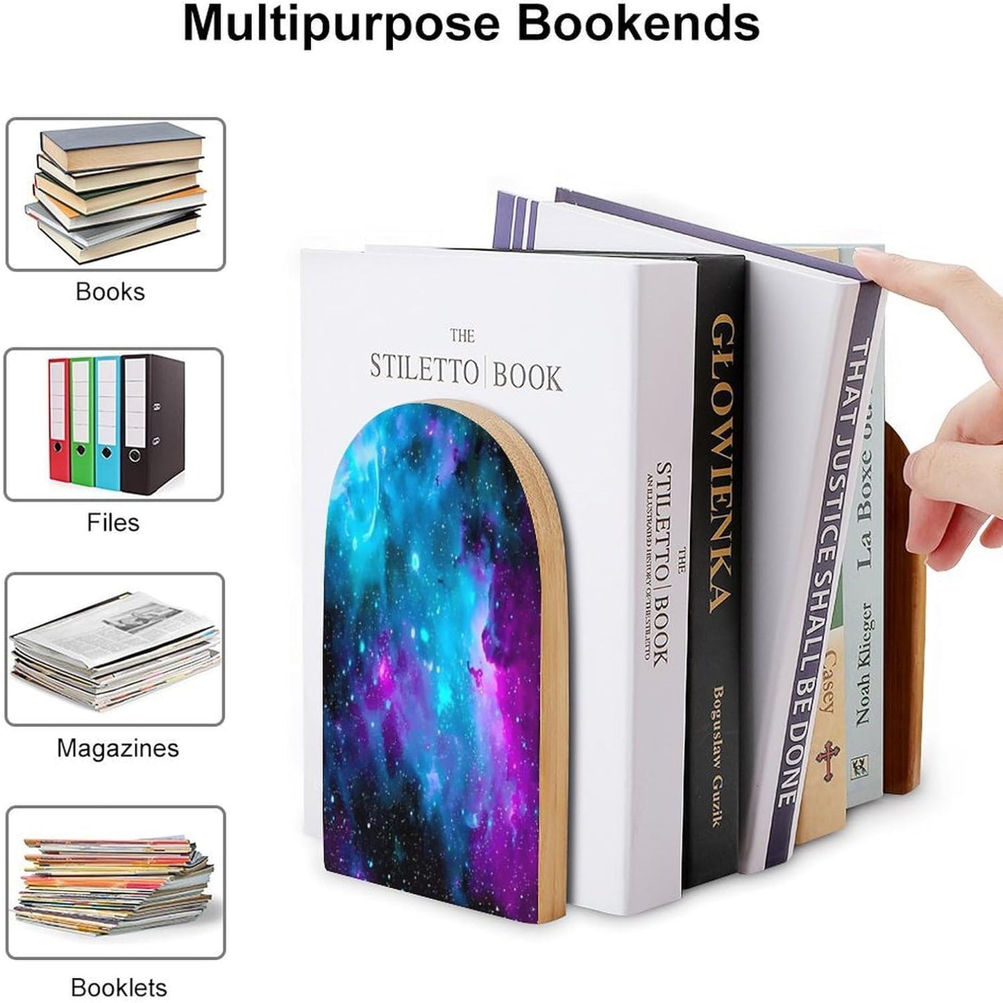 Purple Starry Sky Wooden Bookend Non-Slip Book Ends Heavy Duty Book Stopper with Metal Base Books Holderd Decorative Bookends Stands Firmly for Office Supplies
