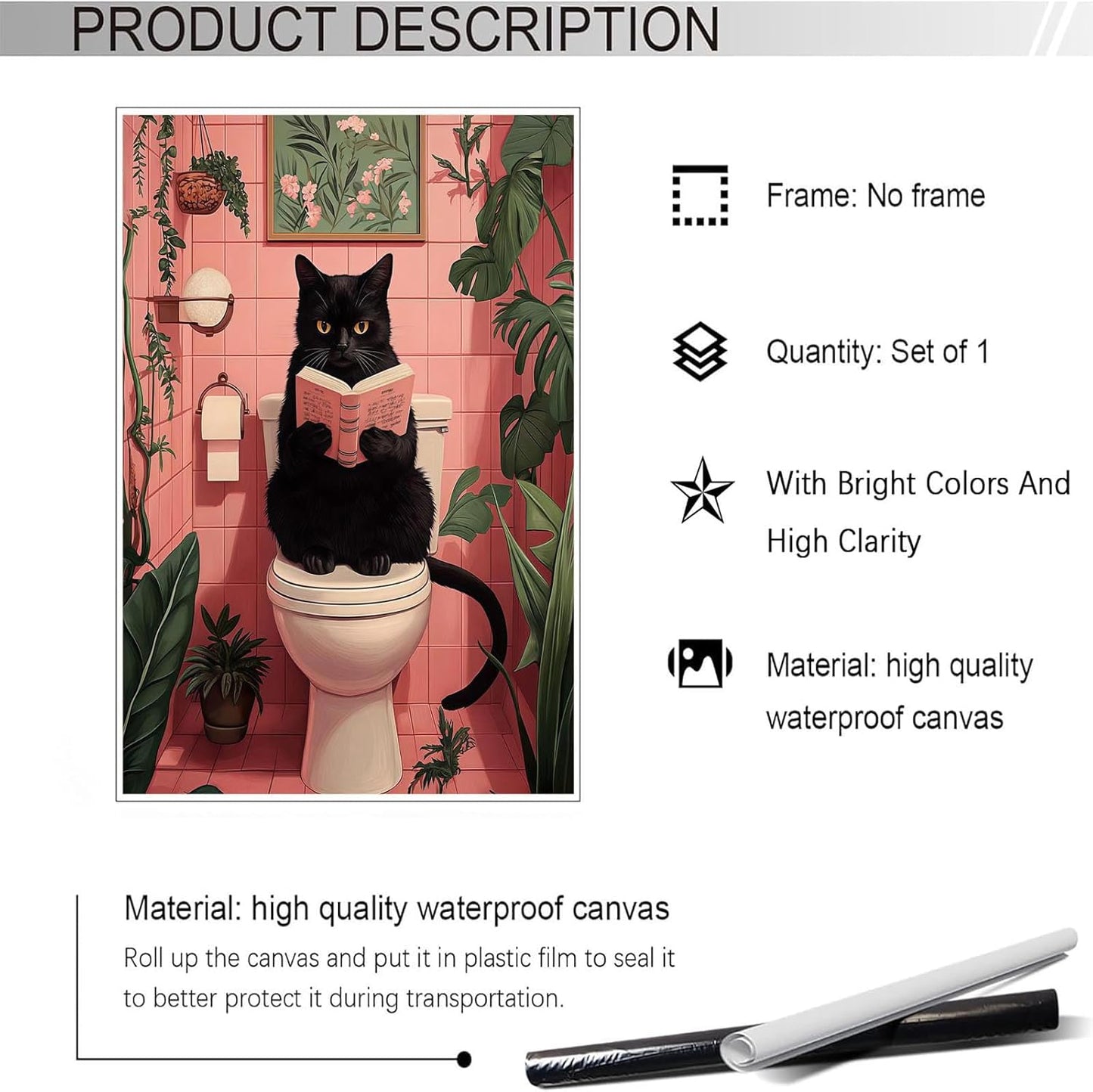 Trendy Funny Black Cat Using Toilet Posters Cute animal Reading Newspaper Canvas Wall Art Bathroom Botanical Pink Aesthetic Prints Painting For Home Bedroom Dorm Wall Decor 8x12in Unframed