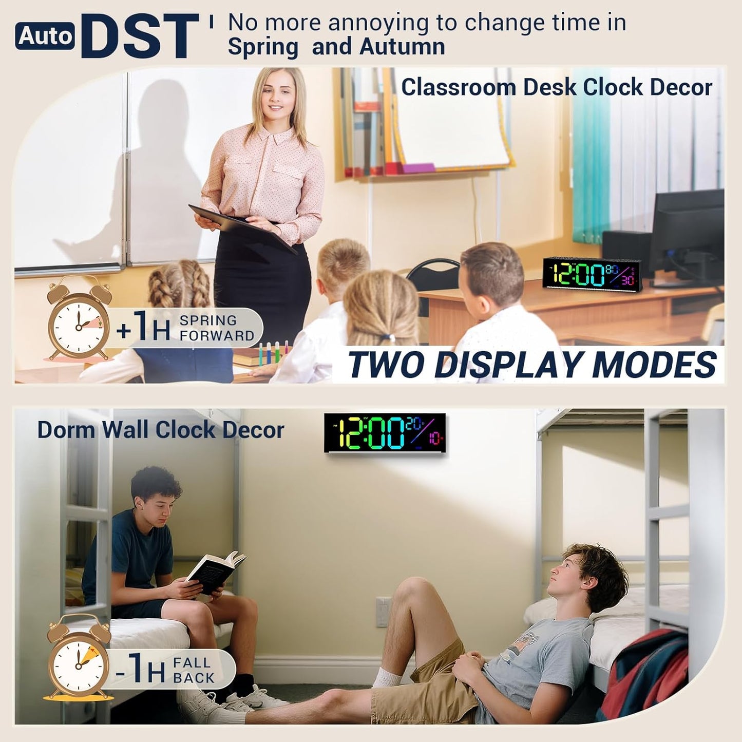 12" Digital Wall Clock: LED Large Display Clock with Remote, 11 RGB Color Modes, Wall Mount or Tabletop Decor for Classroom Dorm Office, Big Numbers for Seniors Kids