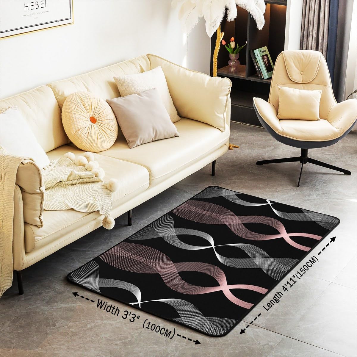 Erosebridal Geometric Area Rug 4'11" x 3'3" Spiral Living Room Rugs for Kids Women Stripe Lines Printed Modern Abstract Black Pink Decorative Carpet Rectangular Indoor Floor Mat