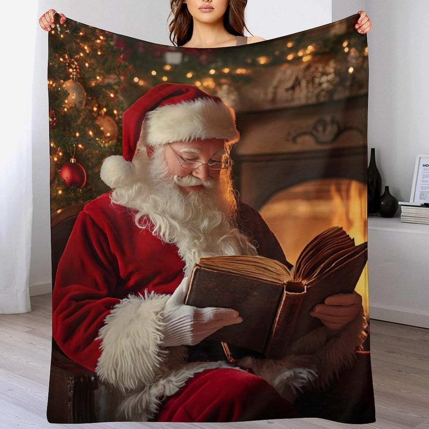 Santa Reading Book Printed Throw Blanket Cozy Flannel Blankets Lightweight for Couch Sofa Bed Decor Santa Reading Book