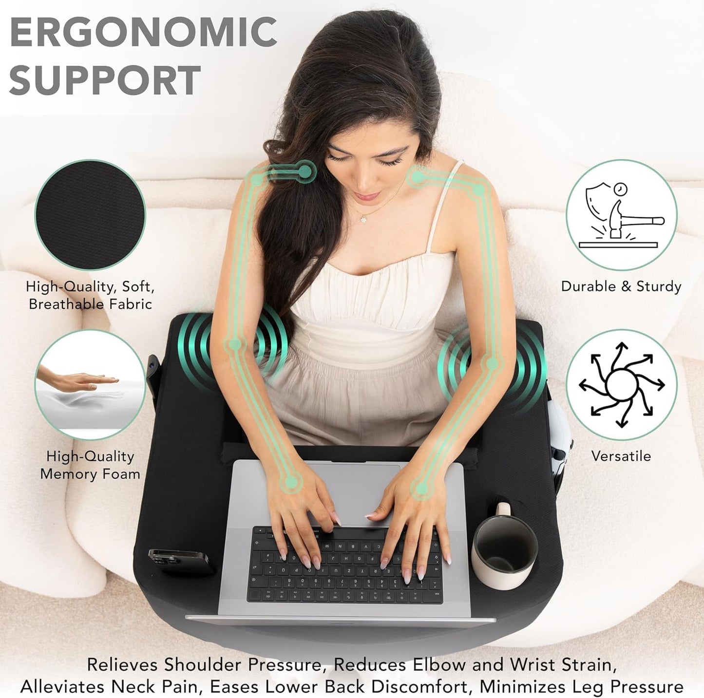 Reading Pillow for Gaming – Extra Large Lap Desk & Arm Rest with Cup & Phone Holder, Adjustable Heights, Laptop Support, Large Pockets – Comfortable for Work, Gaming & Crocheting (Black)