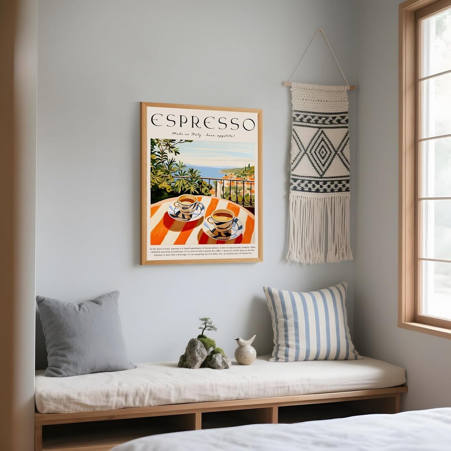 Trendy Espresso Coffee Wall Art Italian Coast Poster Breakfast Balcony View Canvas Print Vintage Cafe Wall Decor Aesthetics Italy Travel Painting for Kitchen Dining Room 16x24inch Wood Frame