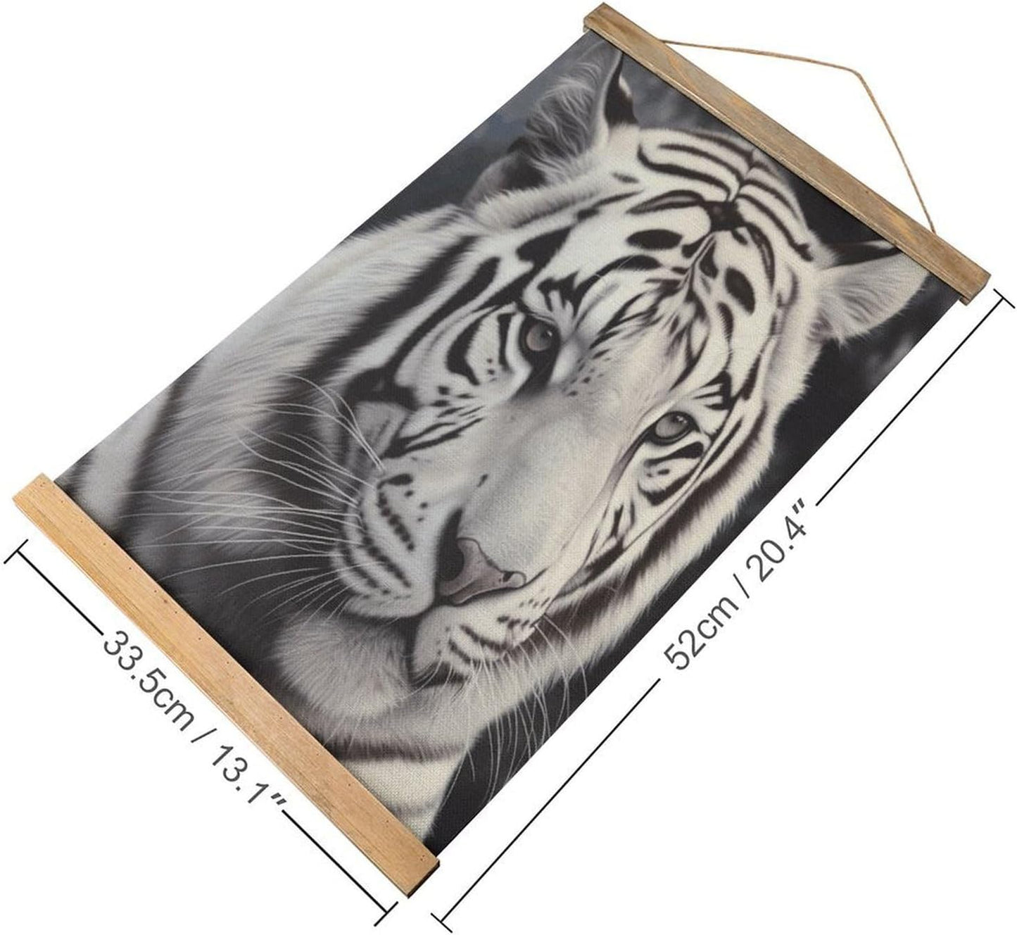 Vintage White Tiger Poster with Wooden Frame Personalized Linen Hanging Scroll Painting Rustic Wall Hanging Illustrative Modern Artwork Decor for Home Living Room Bedroom Office