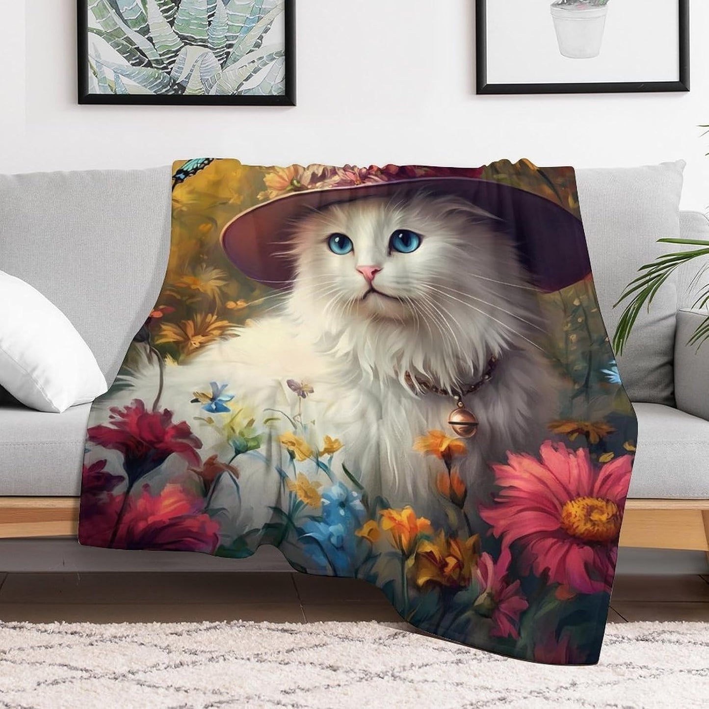 White Cat Throw Blanket for Couch Bed Plush Cozy Fuzzy Flannel Blanket for All Season 70"x80"