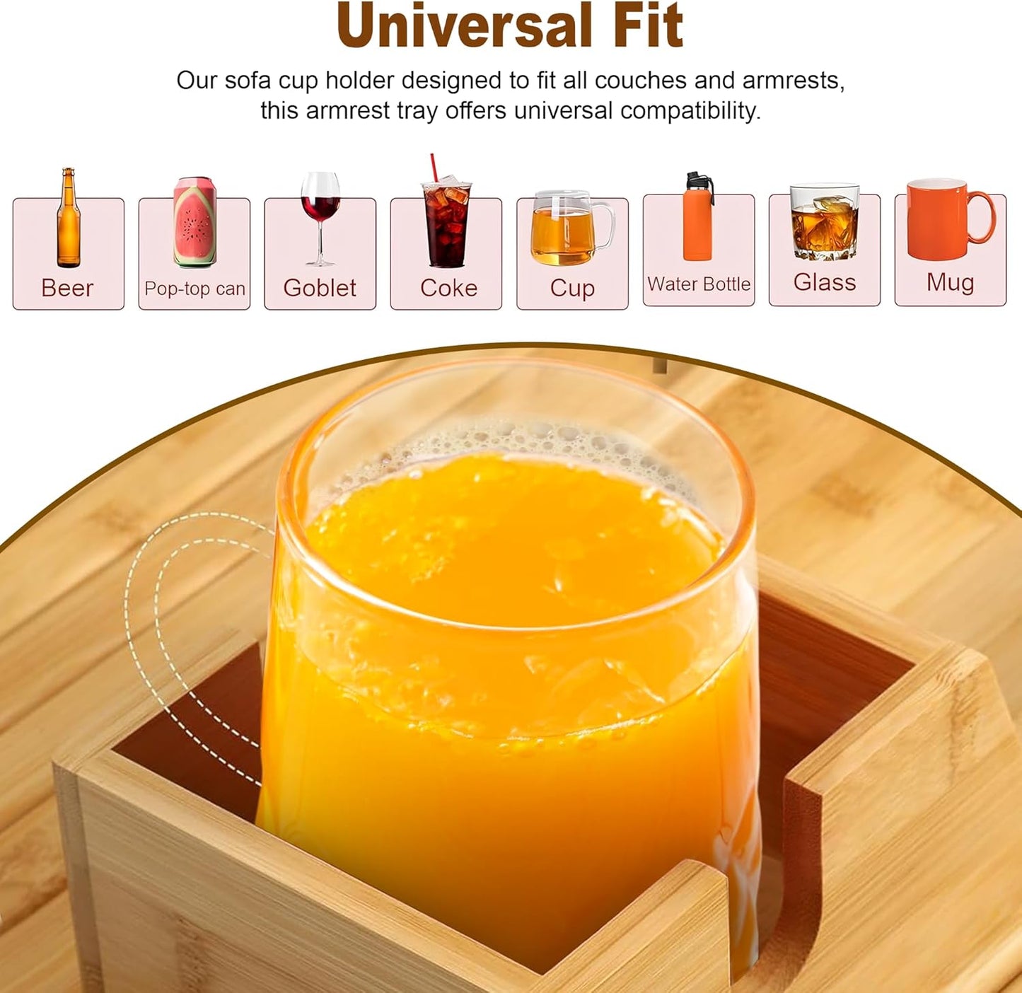 2-in-1 Adjustable Bamboo Sofa Cup Holder Tray (Fits 4.5” to 14” Arms) - Detachable Armchair Caddy with Sofa Arm Tray Drink Organizer - Foldable Couch Caddy with Cup Holder for Phone Remote Snack