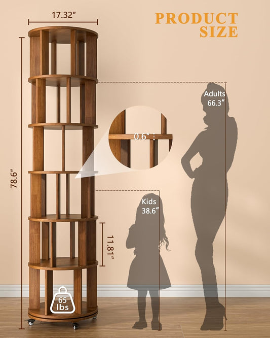 Rotating Bookshelf, 6-Tier Solid Wood Revolving Bookcase on Wheels, 360° Spinning Bookshelf Tower with Lockable Casters, Tall Round Book Tower for Home Office, Living Room, Bedroom, Walnut
