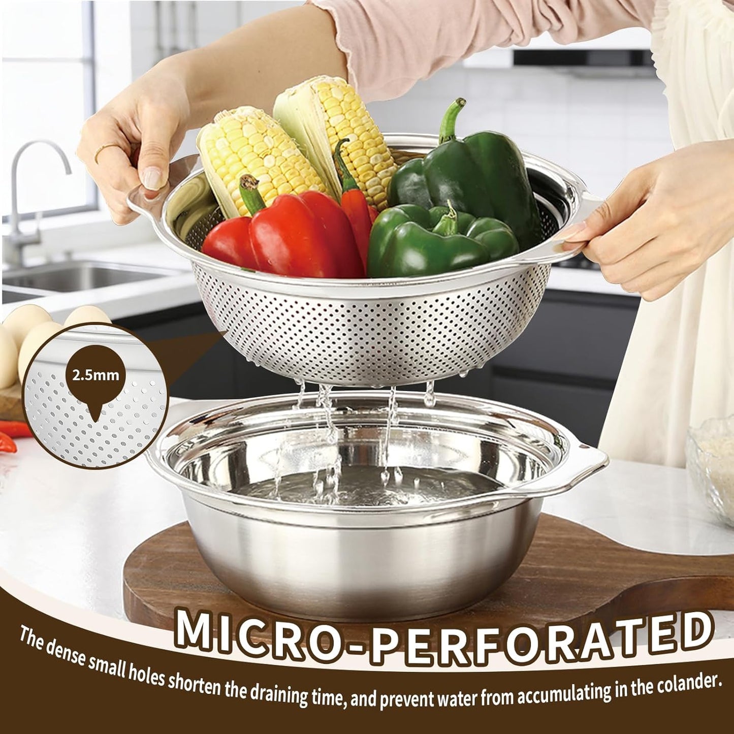 Stainless Steel Colander with Basin, 3 in 1 Multifunctional Drain Basket, 10.2 Inch Food Strainers, Fruit Washing Bowl Set, Strainer for Kitchen