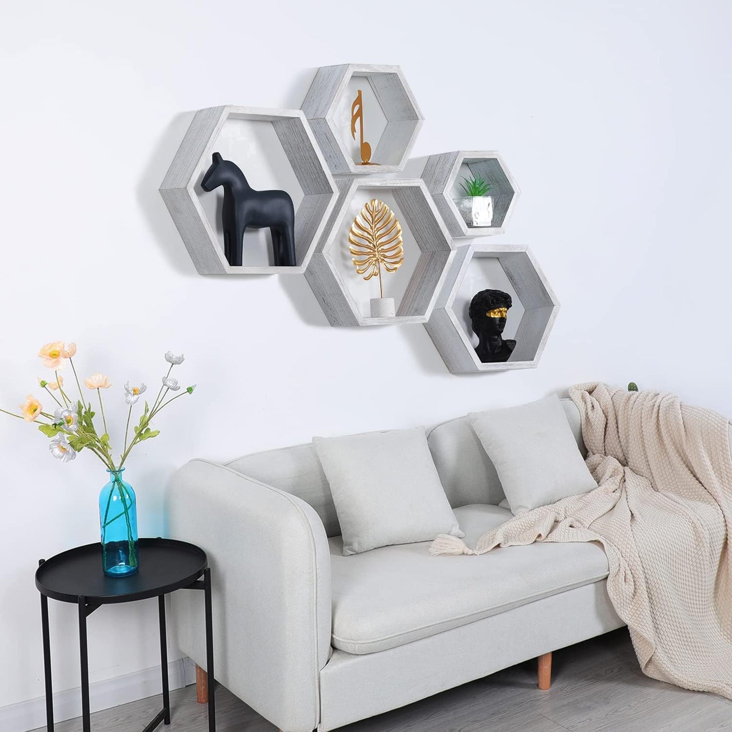 PHOENANCEE Hexagon Floating Shelves,Wall Mounted Wood Farmhouse Storage Honeycomb Wall Shelf Set of 5,for Bathroom, Kitchen, Bedroom, Living Room,Office,Driftwood Finish (Weathered White)
