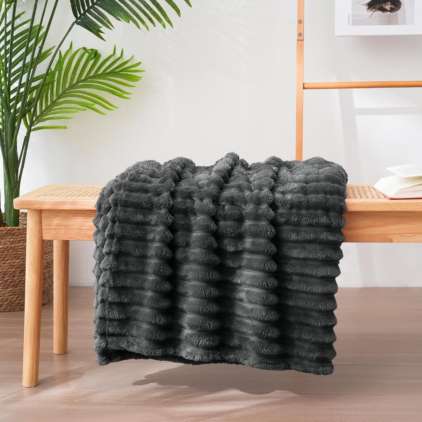 Vessia Flannel Fleece Throw Blanket for Couch,Sofa,Bed, 300GSM Striped Grey Throw Blanket for Adults and Kids, Super Soft Warm Cozy Lightweight Home Decor for All-Season(50x70inch)
