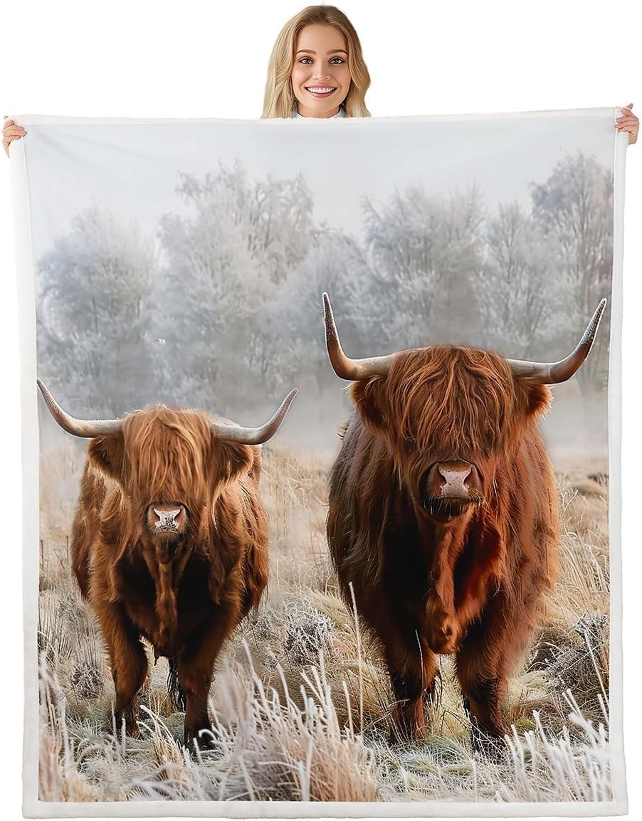 Highland Cattle Pattern Throw Blanket Highland Cow Blanket for Kids Boys Girls Farmhouse Cow Landscape Blanket for Chair Office Room,Throw (50 x 60 Inches)