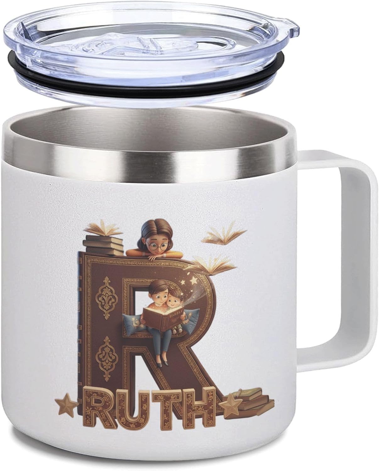 Personalized Ruth Gifts for Women Book Lovers - Initial R Monogram Coffee Mug with Lid and Handle, 14oz Insulated Stainless Steel Tumbler, Cute Book Themed Gifts for Readers, Her