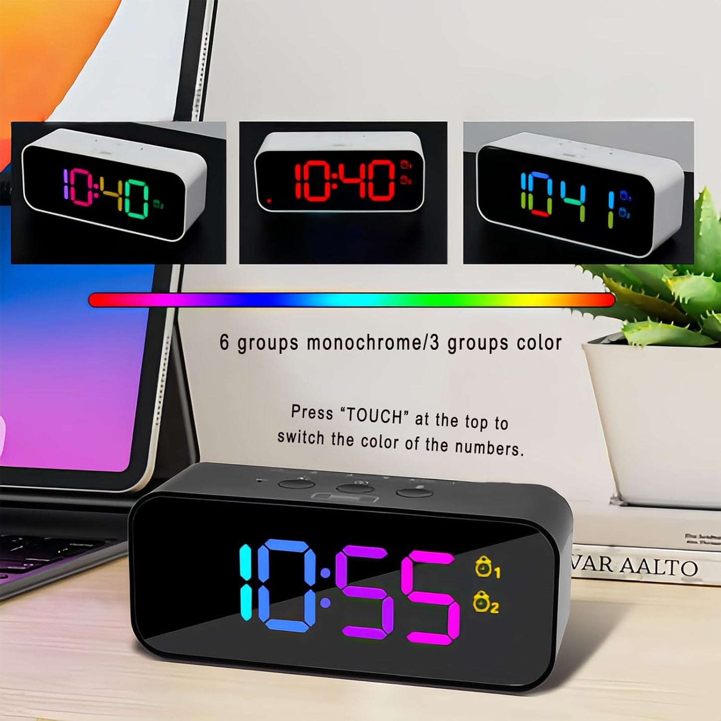 Lancoon ‌Digital Clock with RGB Color Display Voice Control Multifunctional LED Voice Recording Alarm Clock Adjustable Backlight 12/24H Snooze Function Plug in Power for Bedroom Dorm Desktop White