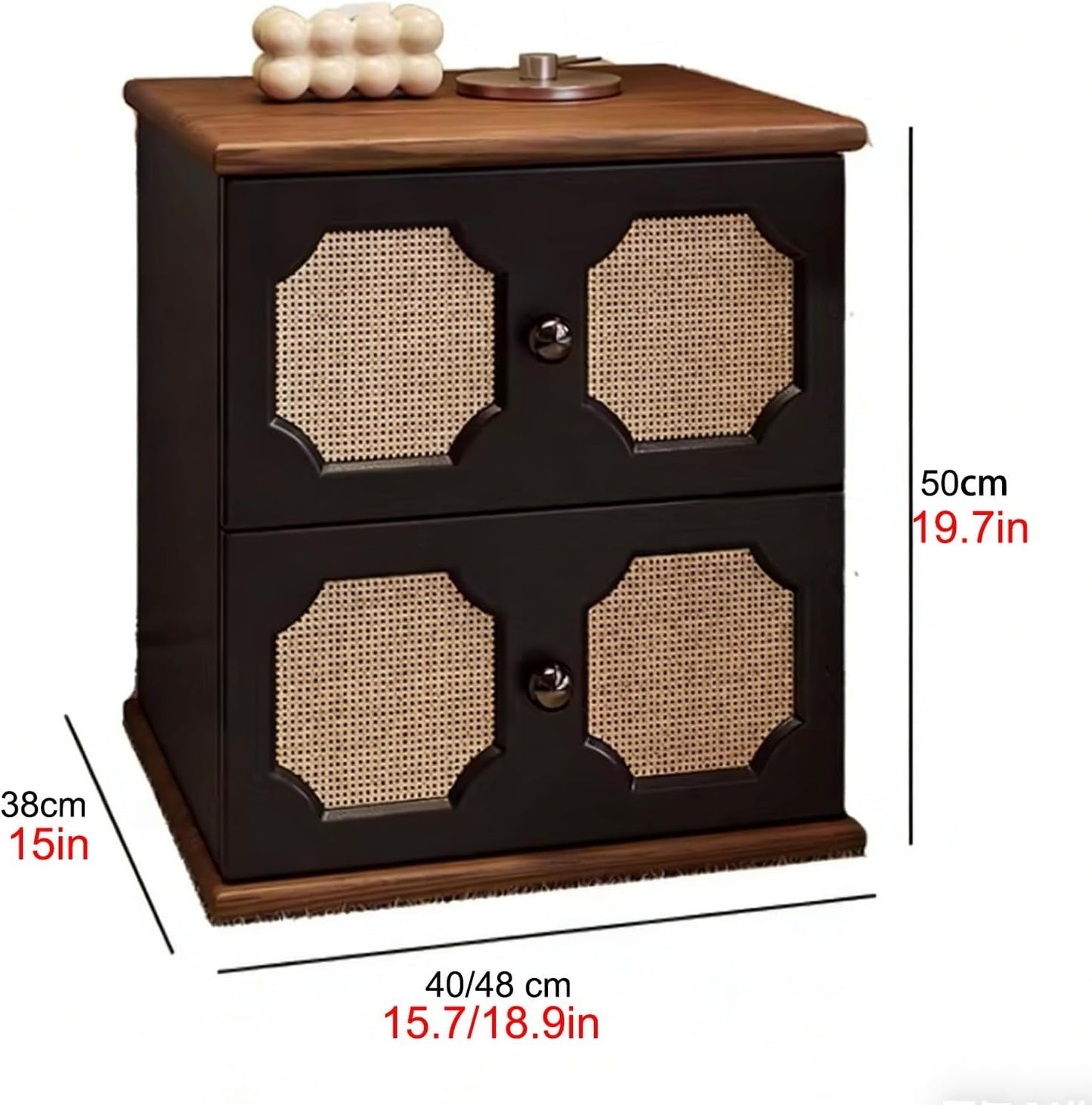 Rattan Night Stand, Solid Wood NightStand Mid-Century Vintage Bedside Table Leather Finish, Faux Wood Grain Countertop for Office/Living Room(Off-White,15.7x15x19.7in)
