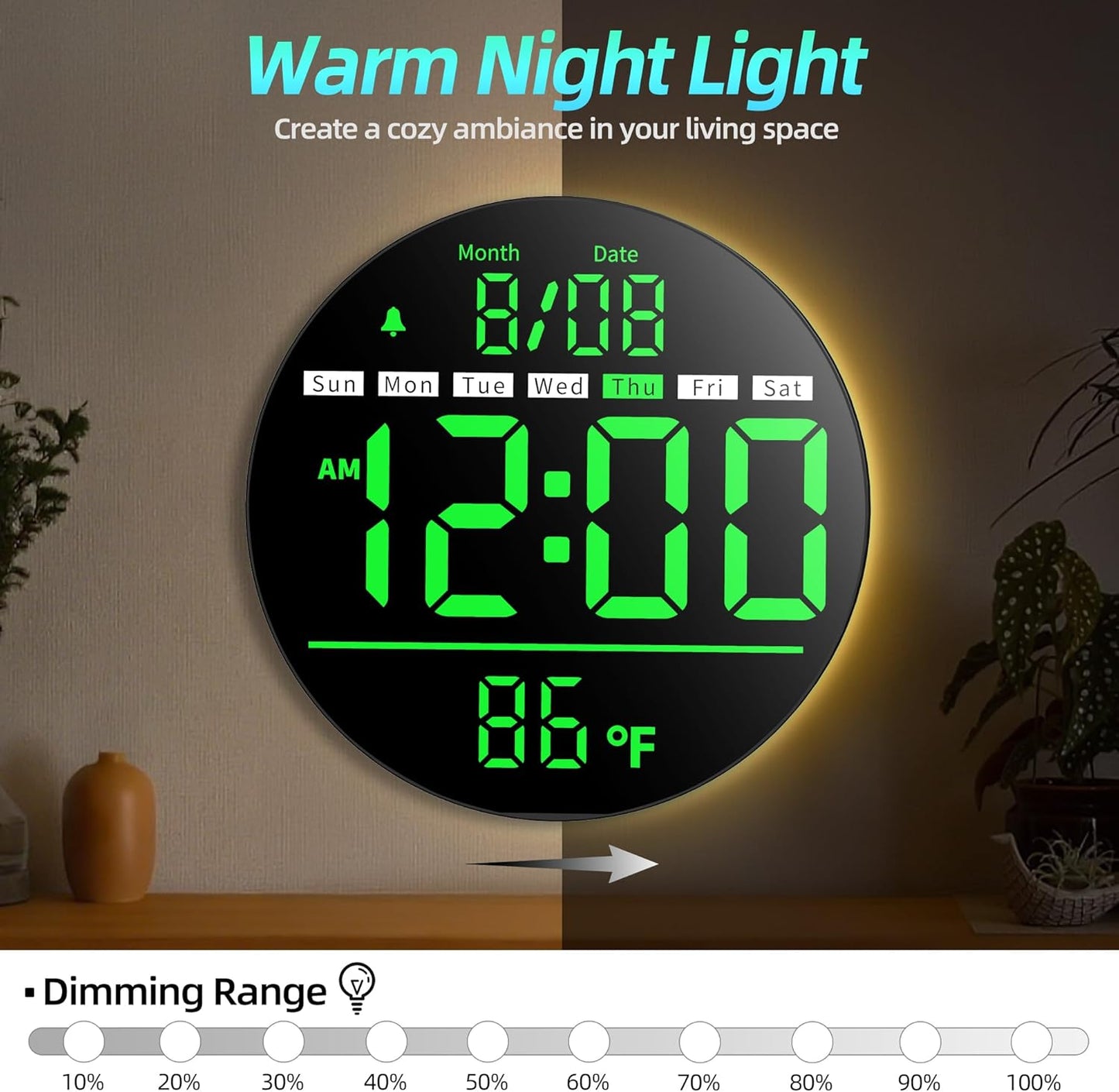8in Round Digital Wall Clock, Large LED Display, Auto DST, Temperature, Alarm Clocks for Living Room, Bedroom, Office, Classroom, Gym Countdown Timer
