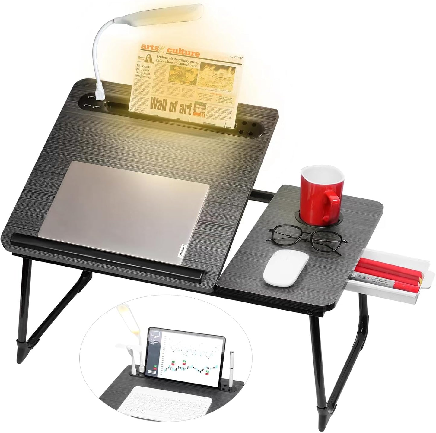 CloudTrip Plus XL Adjustable Laptop Desk with Light, USB Port, iPad Holder, Drawer Storage - Larger 23.6IN Adjustable Lap Desk for Bed, Home Office, Breakfast Tray, Fordable Legs Desk (Black)