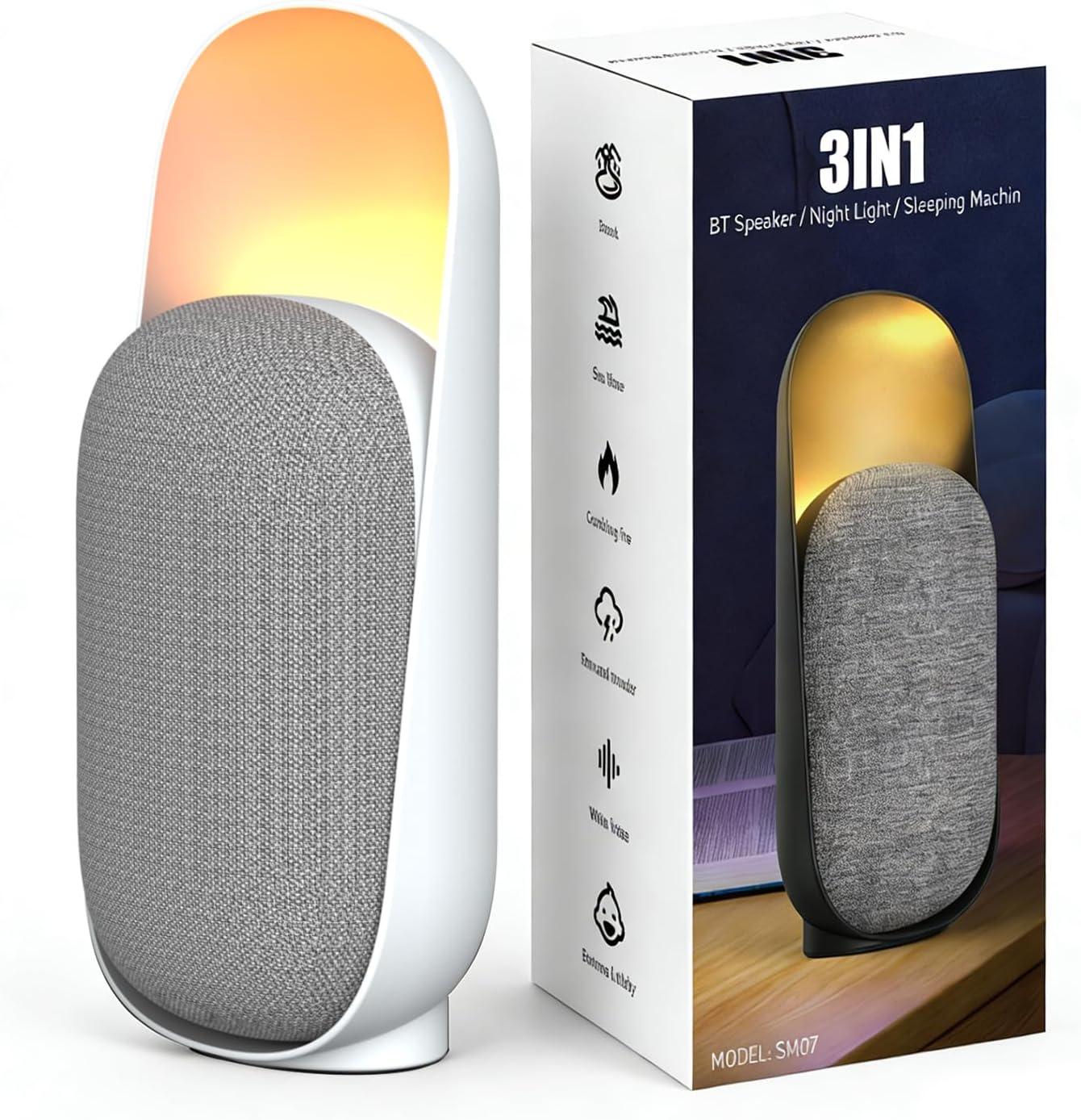Sound Machine with Night Light&BT Speaker White Noise Machine,6 Soothing Sounds,Compact and Easy to Place on a nightstand or Desk,Convenient Timer Options,for Baby Kids Adult & Home Office Travel