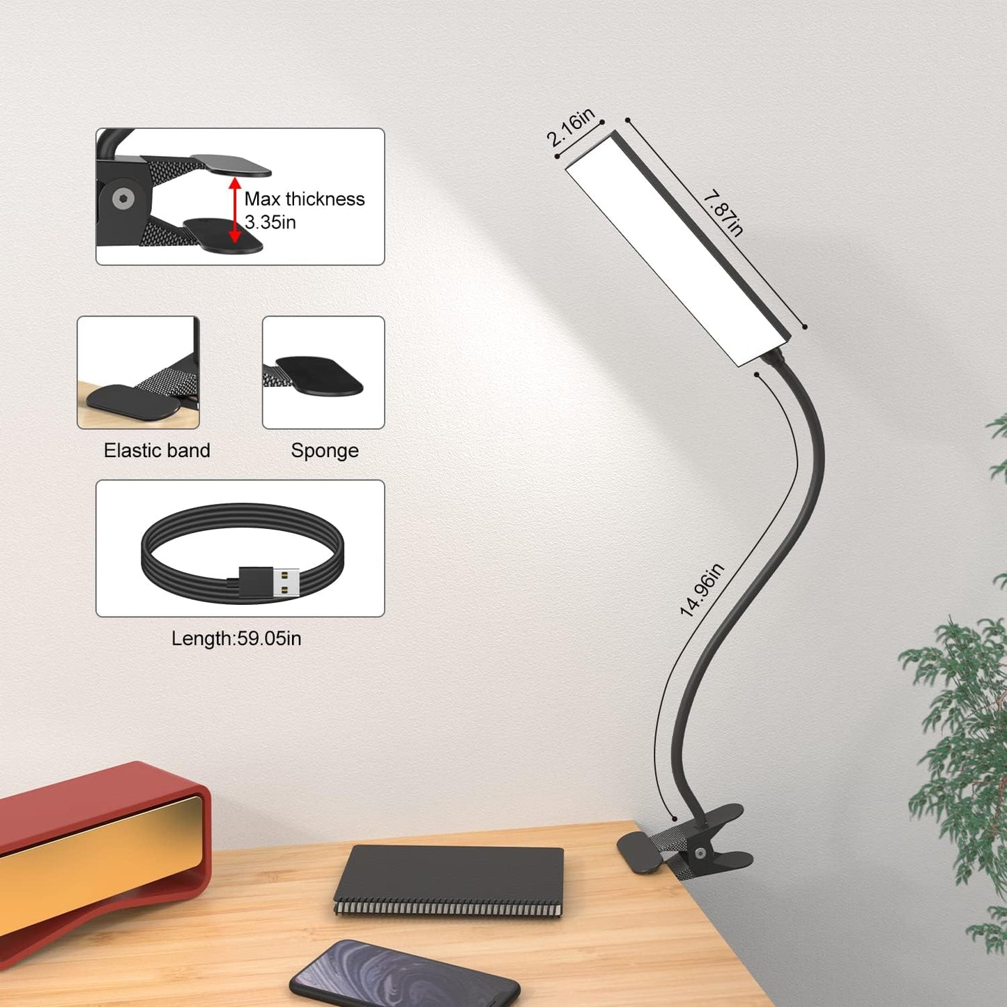 RAOYI LED Desk Lamp, 5W USB Clip on Light Eye-Caring Reading Clamp Table Lamp with 48 LEDs Flexible Neck, 3 Color Modes and 14 Brightness Levels for Office Bedroom Study (Black)