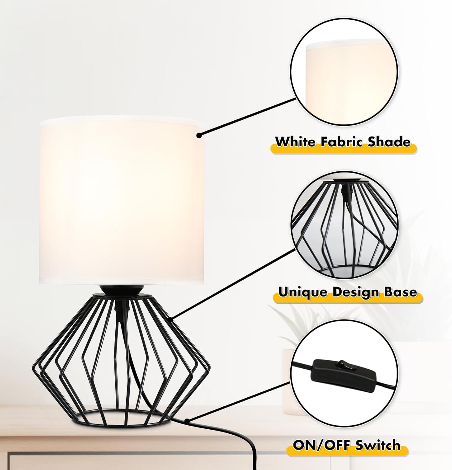 Hamilyeah Table Lamps Set of 2, Black Bedside With On/Off Switch, Industrial for Night Stands With White Fabric Shade, Modern Simple for Bedroom, Living Room