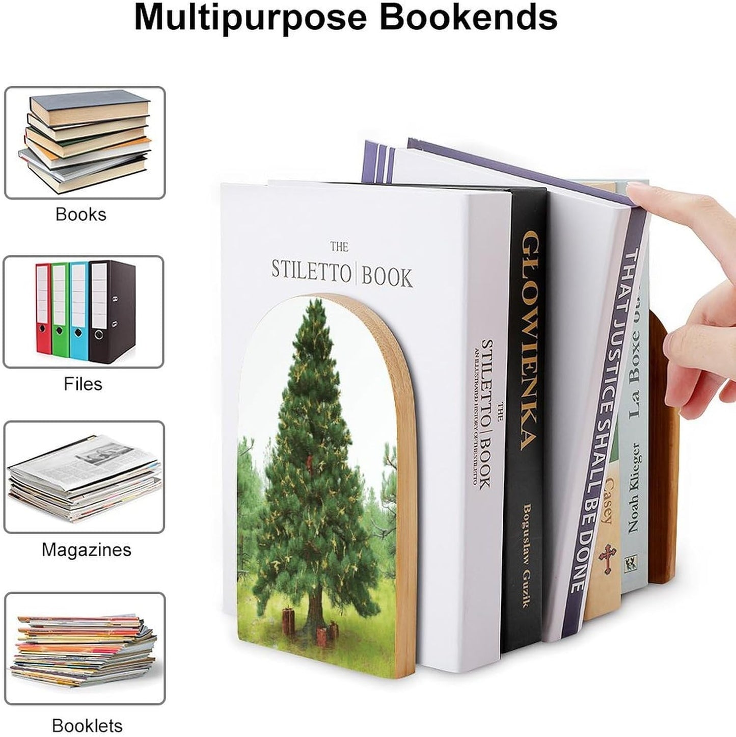 Garlad Pine Tree Bookend for Shelves Wooden Book End Large Size Sturdy Book Holders Stoppers with Metal Base for Bookshelves Slick Decorative Bookends Stands