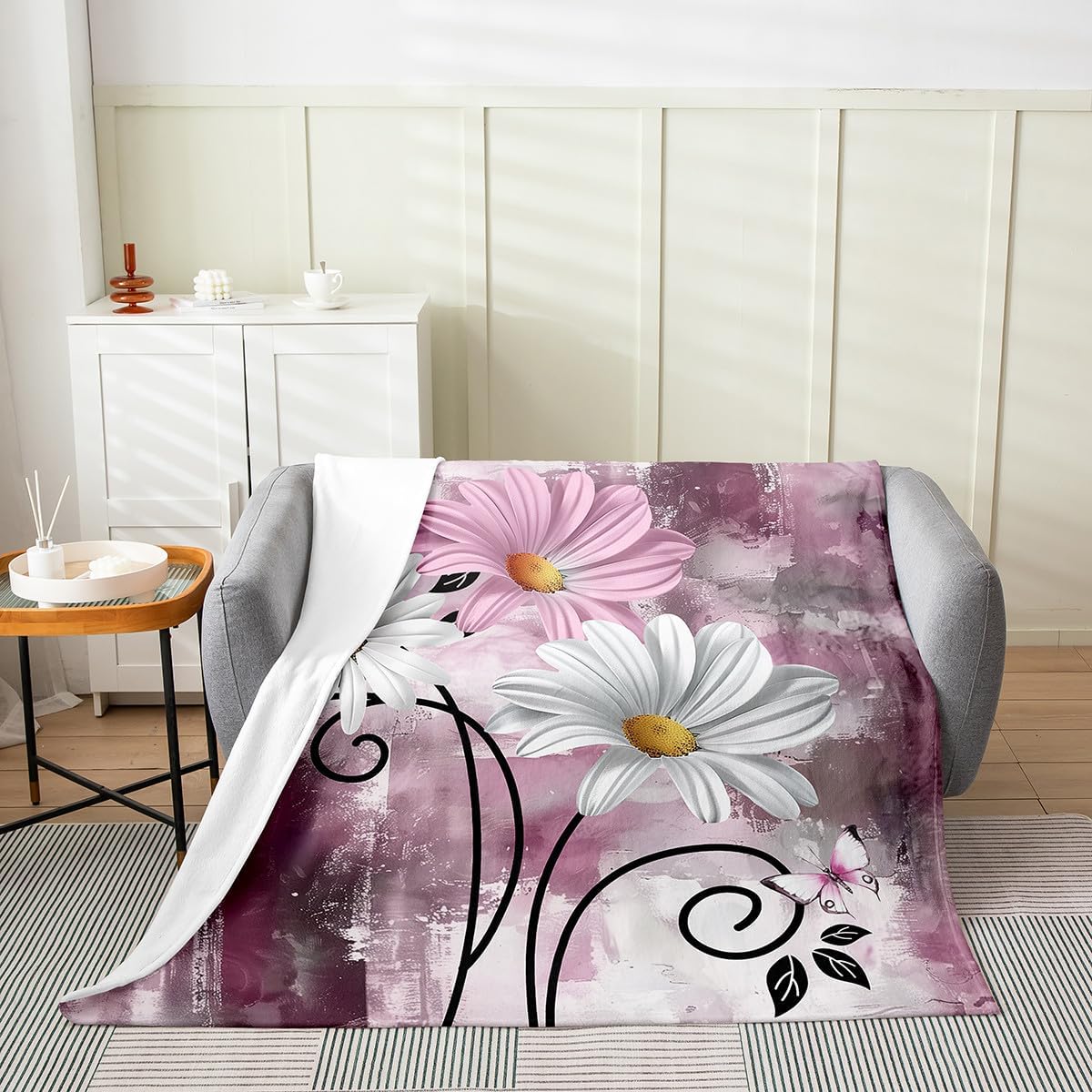 Erosebridal Ombre Abstract Pattern Flannel Blanket White and Pink Floral Oil Painting Style Fleece Throw Blanket Queen Inch for Girls Women Kids Vintage Farmhouse Art Aesthetic Bedroom