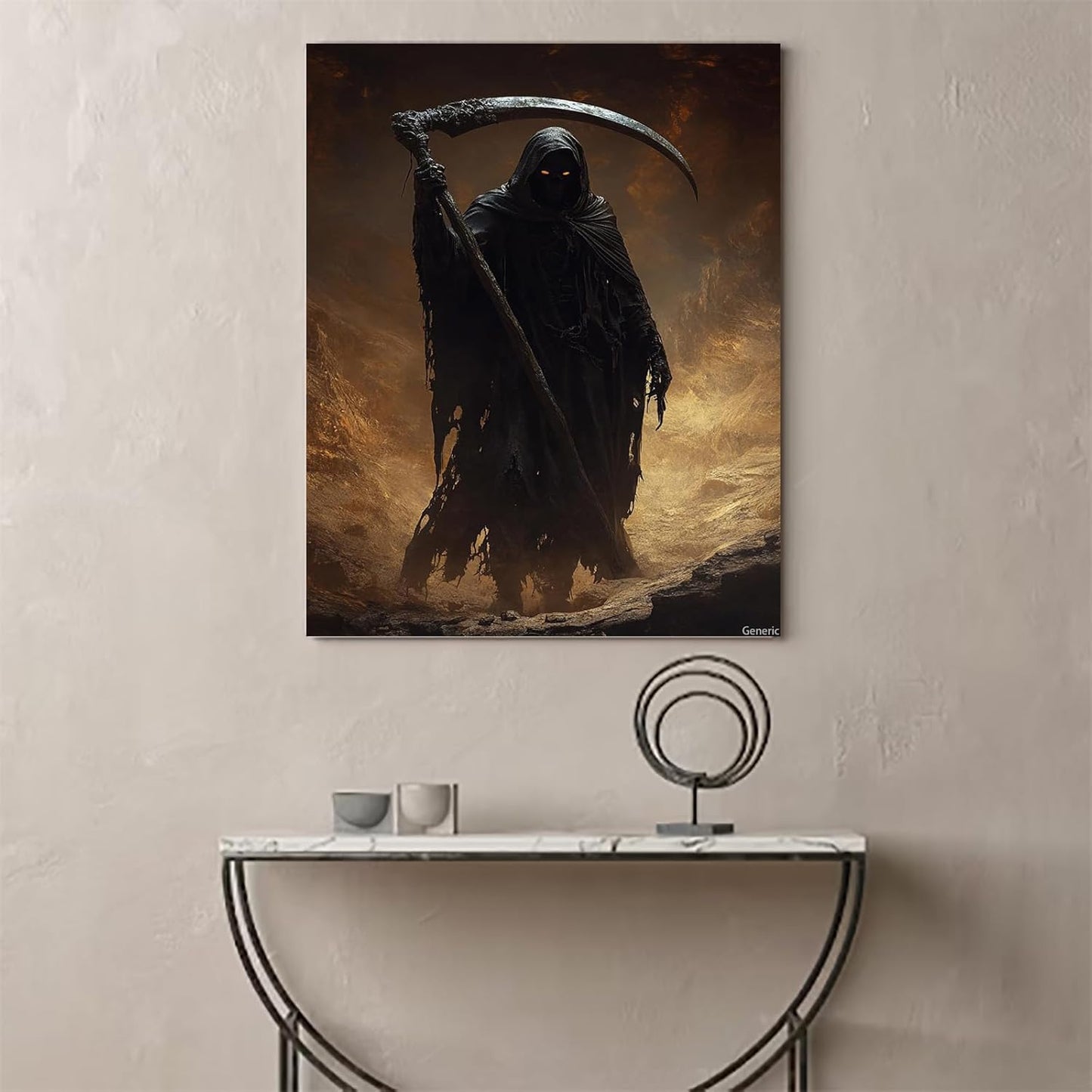 Halloween Poster Grim Reaper with Scythe, Dark Style High-Res Canvas Print, Wall Decor for Themed Rooms, Castles, Haunted Houses, Parties Black, 8x10inch 20x25cm, Framed