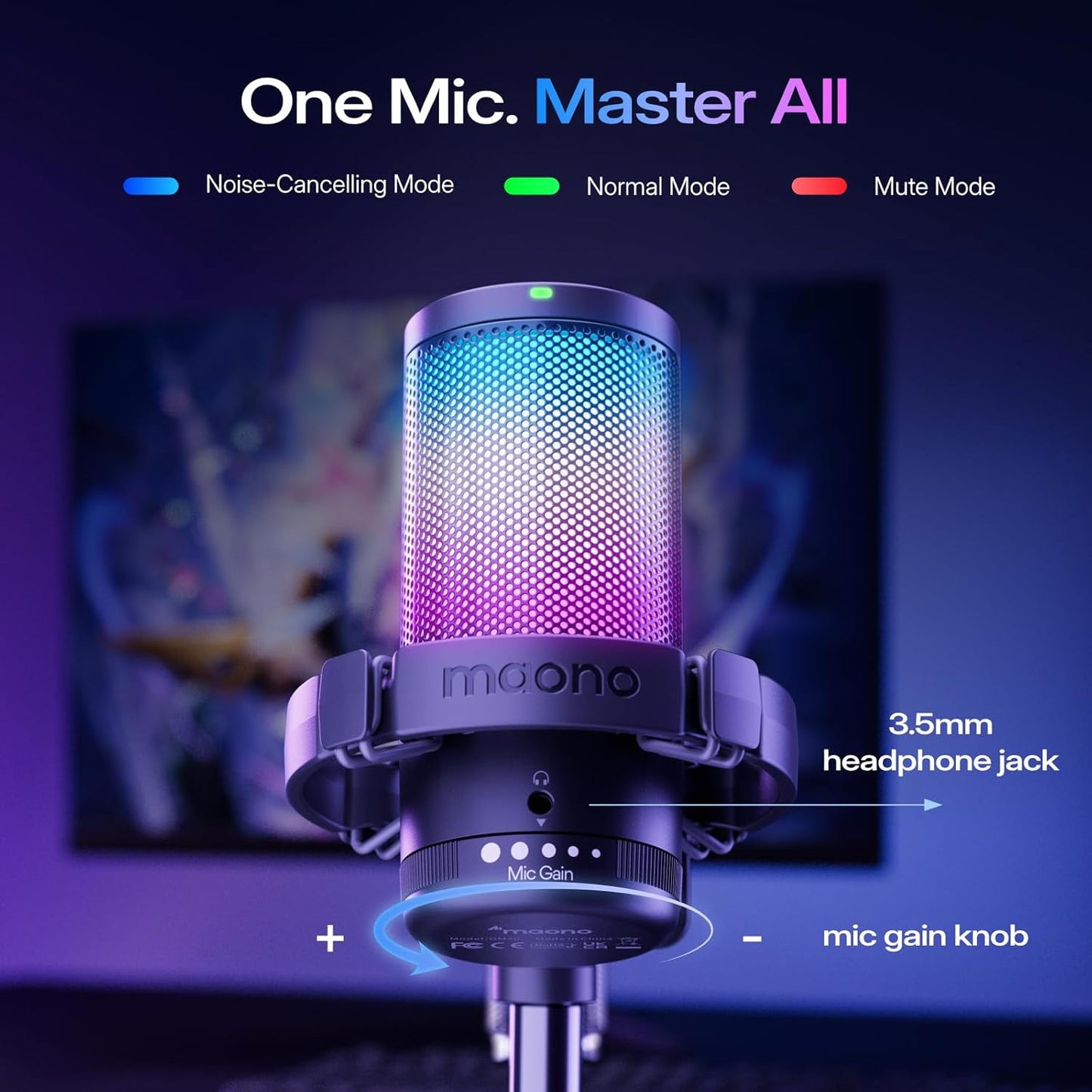 MAONO USB Gaming Microphone for PC, Noise Cancellation Condenser Mic with RGB Lights, Mute, Gain for Streaming, Recording, Podcast, Chat, Twitch, YouTube, Discord, Computer, PS5, PS4, GamerWave