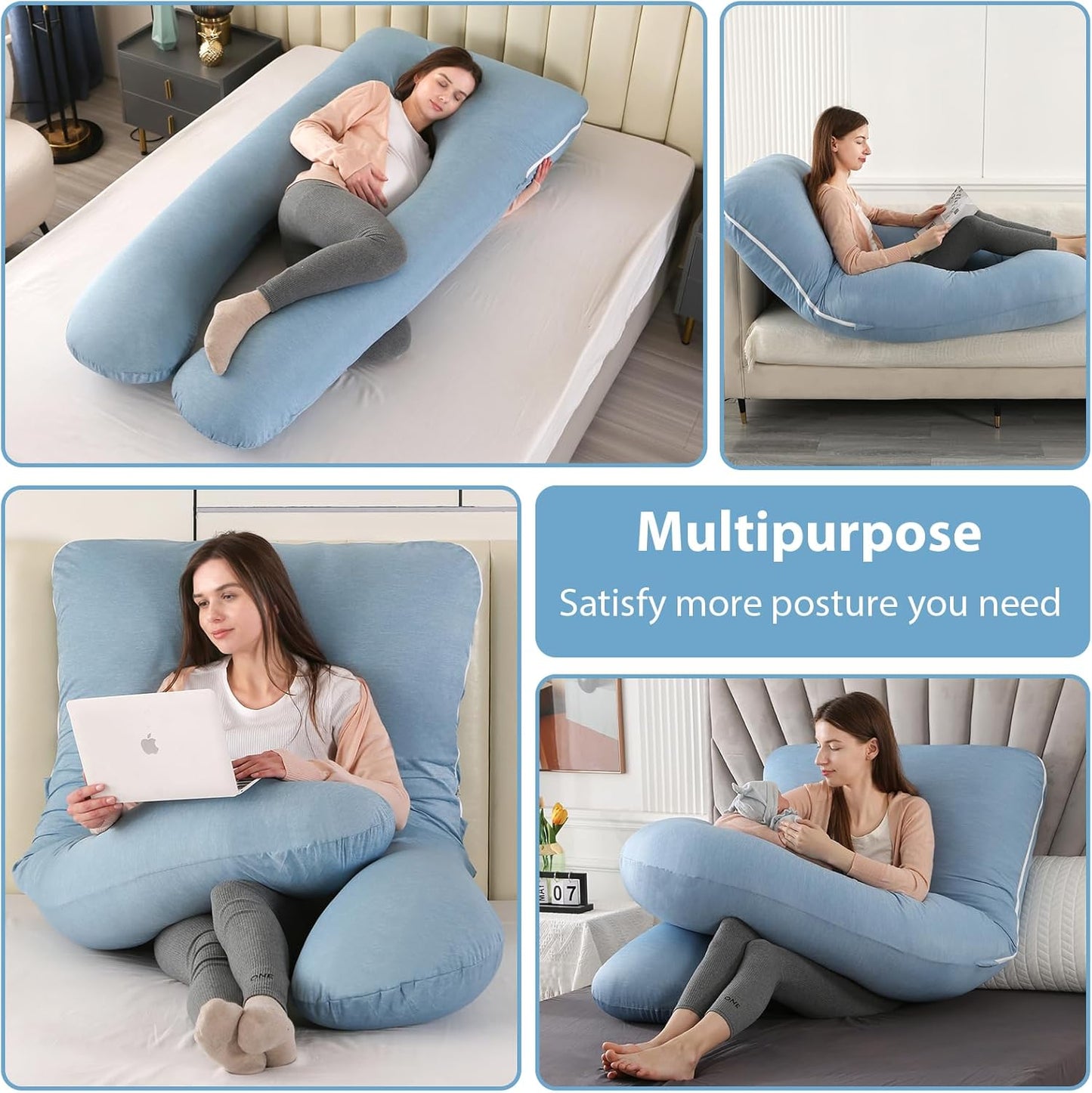Amagoing Cooling Pregnancy Pillow for Sleeping, U Shaped Maternity Full Body Pillow for Women with Hip, Leg, Back Pain Support, Removable Cooling Cover Included (Light Blue)