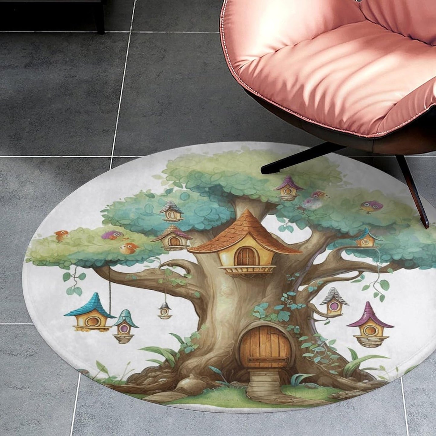 Cute Fairy Tree Circle Rug Retro Luxury Coral Velvet Floor Mat Non Slip Soft Indoor Floor Carpet Comfy Thickened Area Rugs Modern Aesthetic Minimalist Carpets for Home Decor