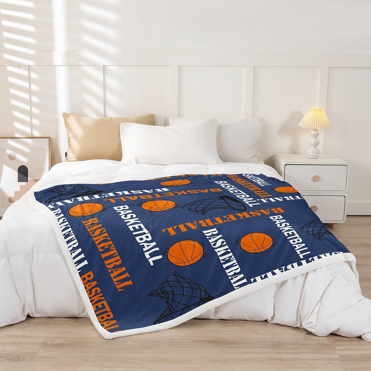 Feelyou Boys Basketball Sherpa Blanket Sports Basketball Print Fleece Throw Blanket for Kids Teens Girls Ball Gamer Decorations Fuzzy Blanket for Sofa Bed Couch Blue,Throw 50x60 Inches