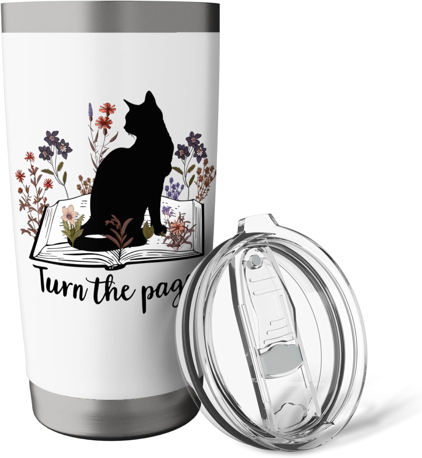 Turn the Page Books & Cats Black Cat Women Floral Book Lover Stainless Steel Insulated Tumbler
