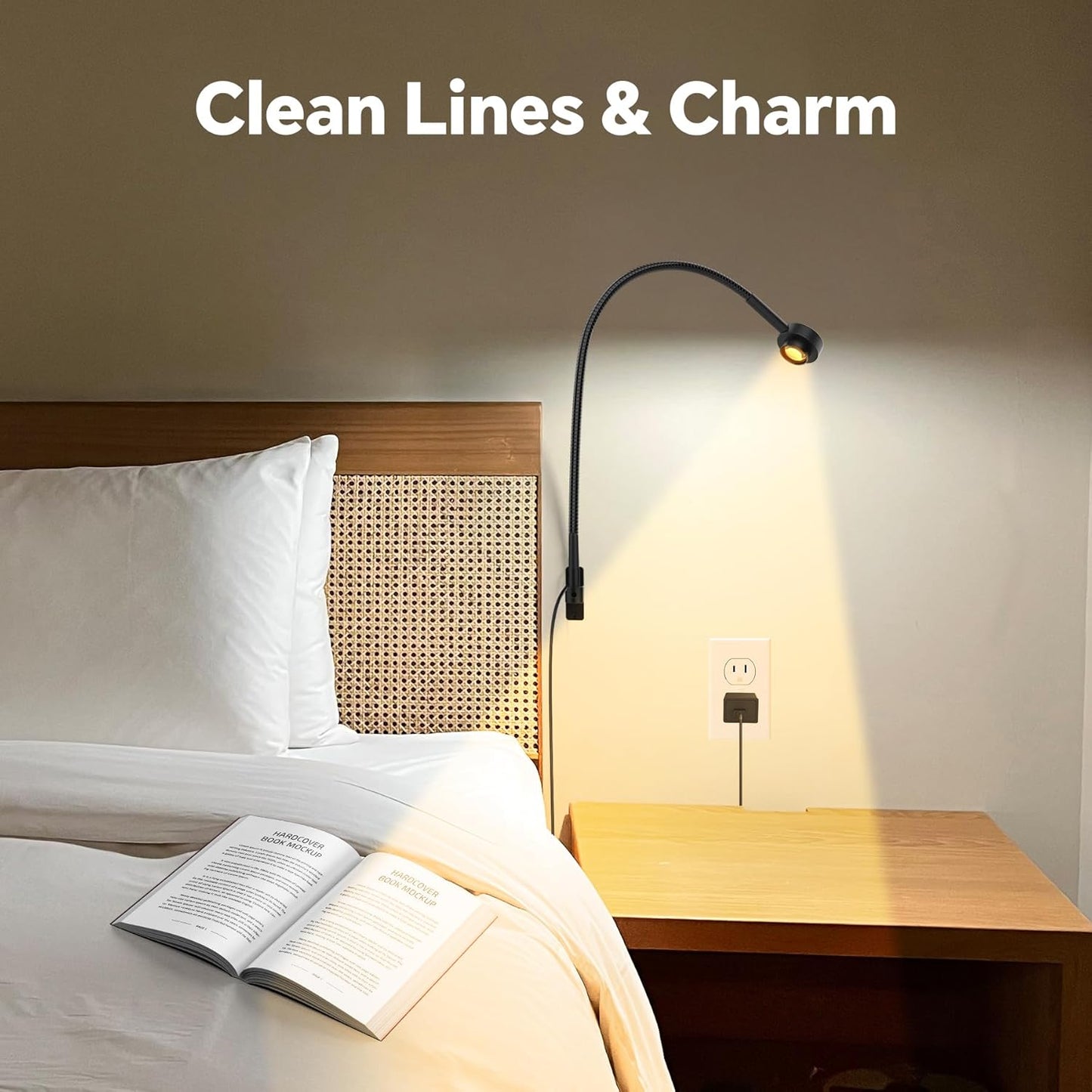 Wall/Headboard Mounted Reading Light, Minimalist Bedside LED Reading Lamp, CRI 95+ Dimmable Book Light, Dual Switches (Brightness & 3 Color Temp), 300° Rotatable Head, USB-C Powered