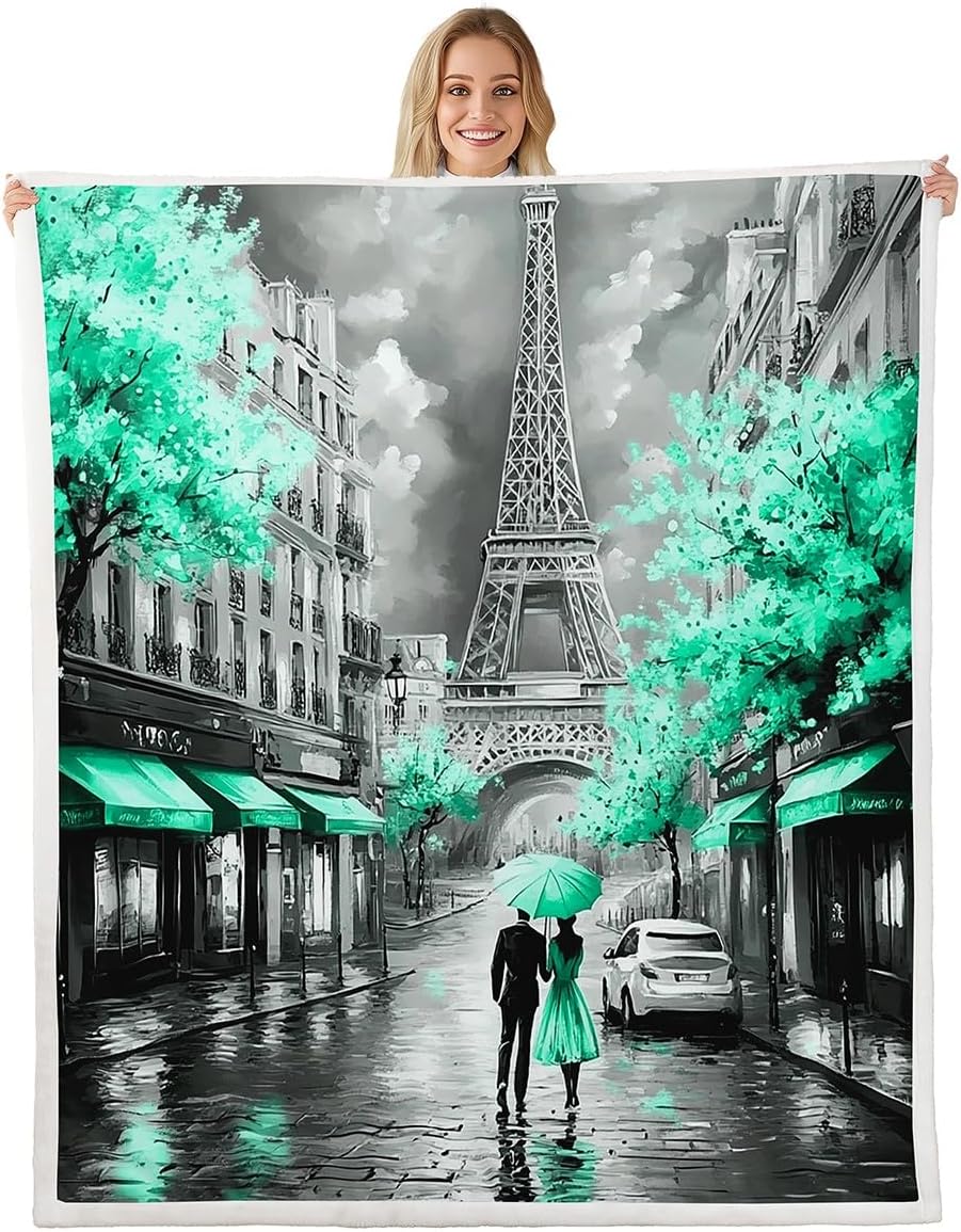 Erosebridal Eiffel Tower Blanket Throw 50x60 for Couple,Paris of France Throw Blanket,Romantic City Pattern,Watercolor Oil Painting Paris Decor,Mint Green Valentine Gifts