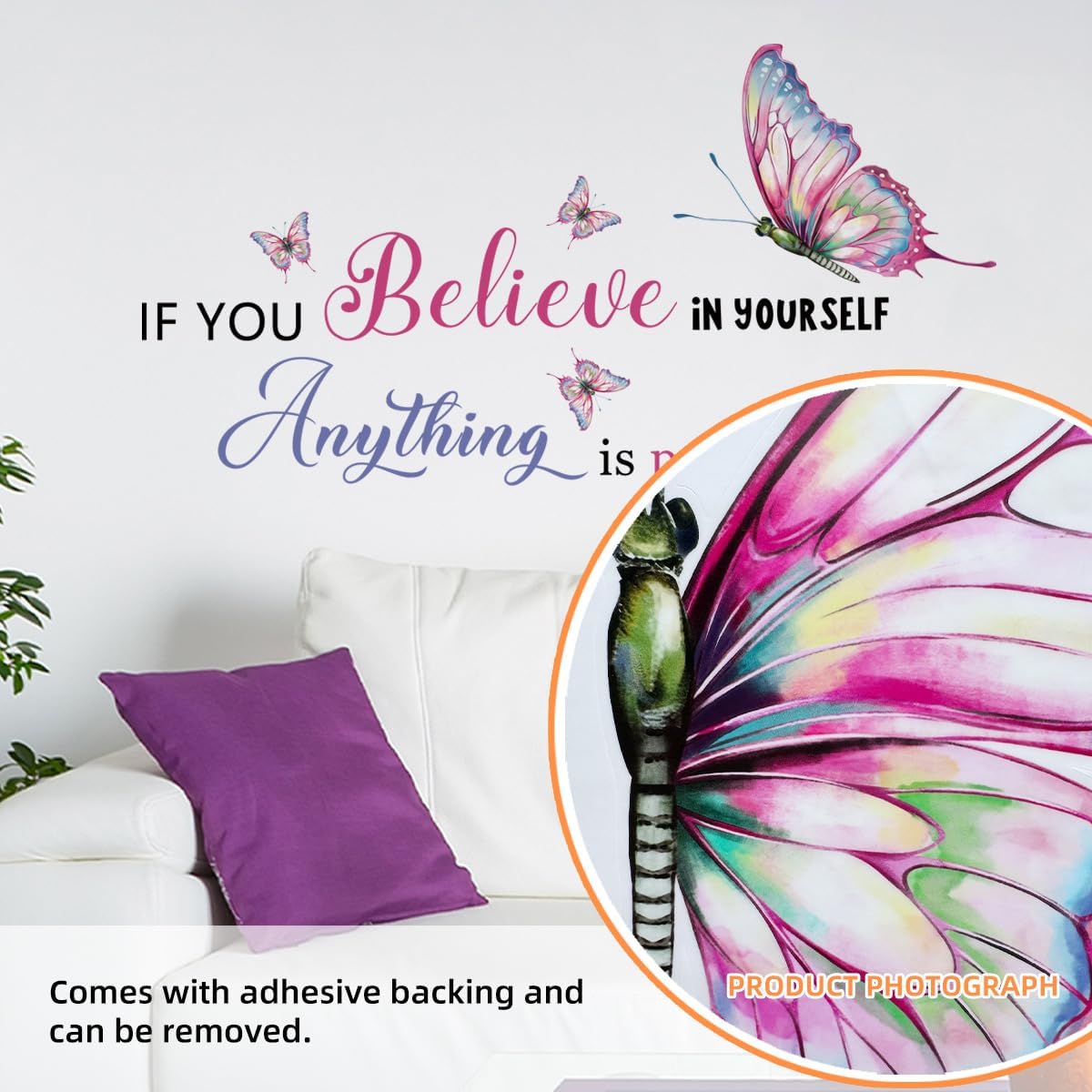 Believe in Yourself Positive Quotes Inspirational Wall Decals for Girls Bedroom Removable Colorful Office Decor for Women Vinyl Motivational Stickers Peel and Stick with Butterfly Art Murals