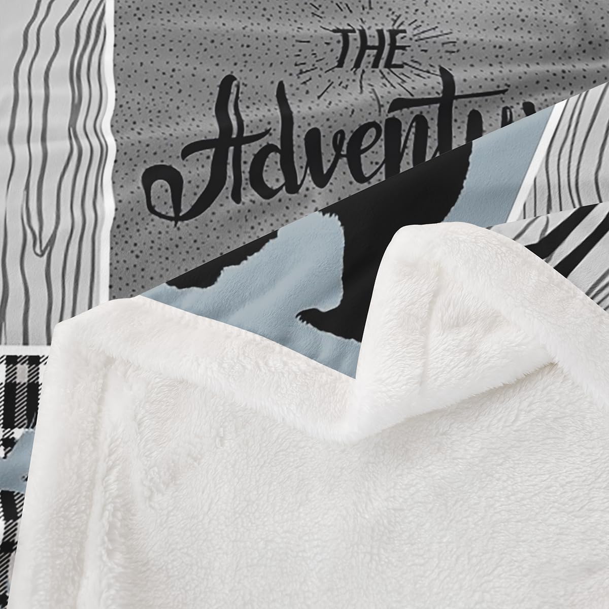 Cabin Rustic Lodge Throw Blanket, Bear Deer Vintage Fleece Blanket Twin Size, Country Farmhouse Patchwork Sherpa Blanket Woodland Plaid Patchwork Fuzzy Blanket Decorative Sofa Couch, Grey Black