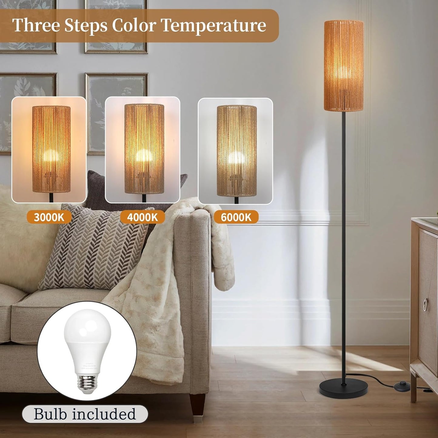 Floor Lamp for Living Room,Farmhouse Floor lamp,Modern Standing lamp with Hand-Worked Rattan Shade (Straight Line Rattan Shade- 3 Color Bulb)