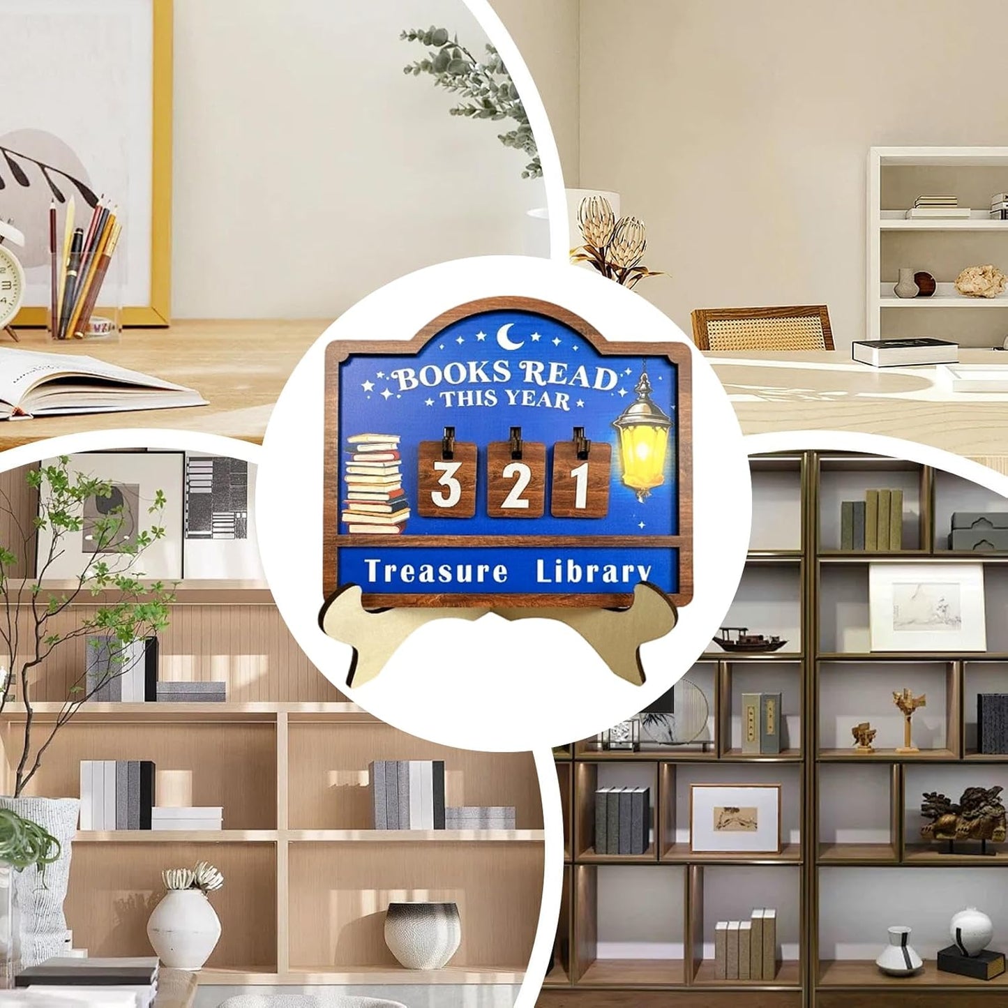 Books Read Counter, Wooden Reading Challenge Sign, 20x15cm Changeable Number Plates for Students, Pine Wood with Lantern and Book Pattern, Educational Decor Accessory with Adjustable Display