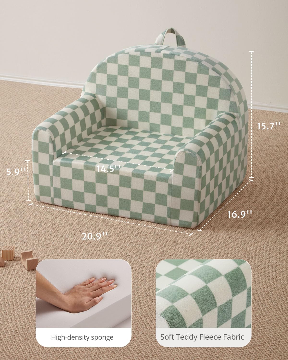 Blissful Diary Toddler Chair, Snuggly Soft Kids Sofa Chair, Supportive Toddler Couch for Boys and Girls, Kids Furniture for Baby Gift, Sage Checkered