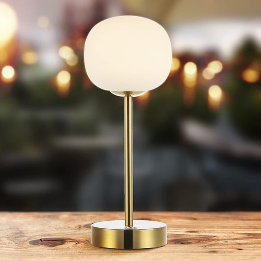 JONATHAN Y 12.25" Brass Gold/White Rechargeable Table Lamp, Modern Cordless LED Nightstand Lamp, White Glass Shade, Dimmable Portable Desk Lamp for Bedroom Living Room Dining (JYL7108C)