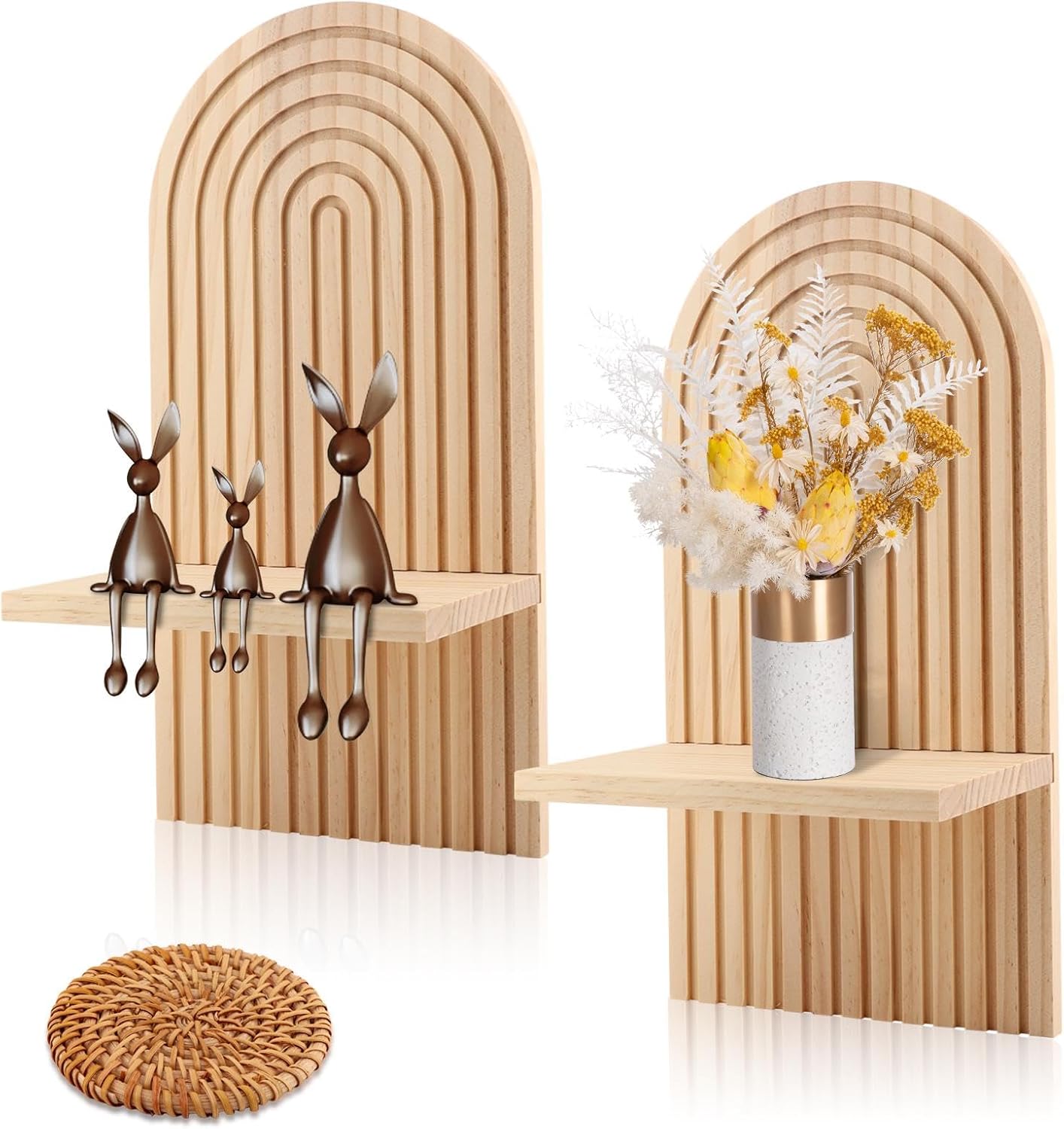 2Set Wooden Arched Wall Shelf,Boho Arched Floating Shelves Wooden Vintage Boho Wall Shelf,Book Display Rainbow Shelves for Home Bedroom Living Room Nursery Office (Brown,Size:35 * 1 * 18cm)