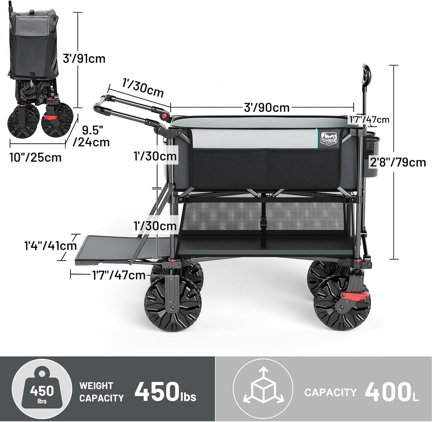 TIMBER RIDGE Push & Pull Double Decker Wagon, 400L Large Capacity Heavy Duty & 450lb Load, Collapsible Cart with All-Terrain Wheels & Brakes, 54” Extended Foldable for Sports, Beach, Camping, Grey
