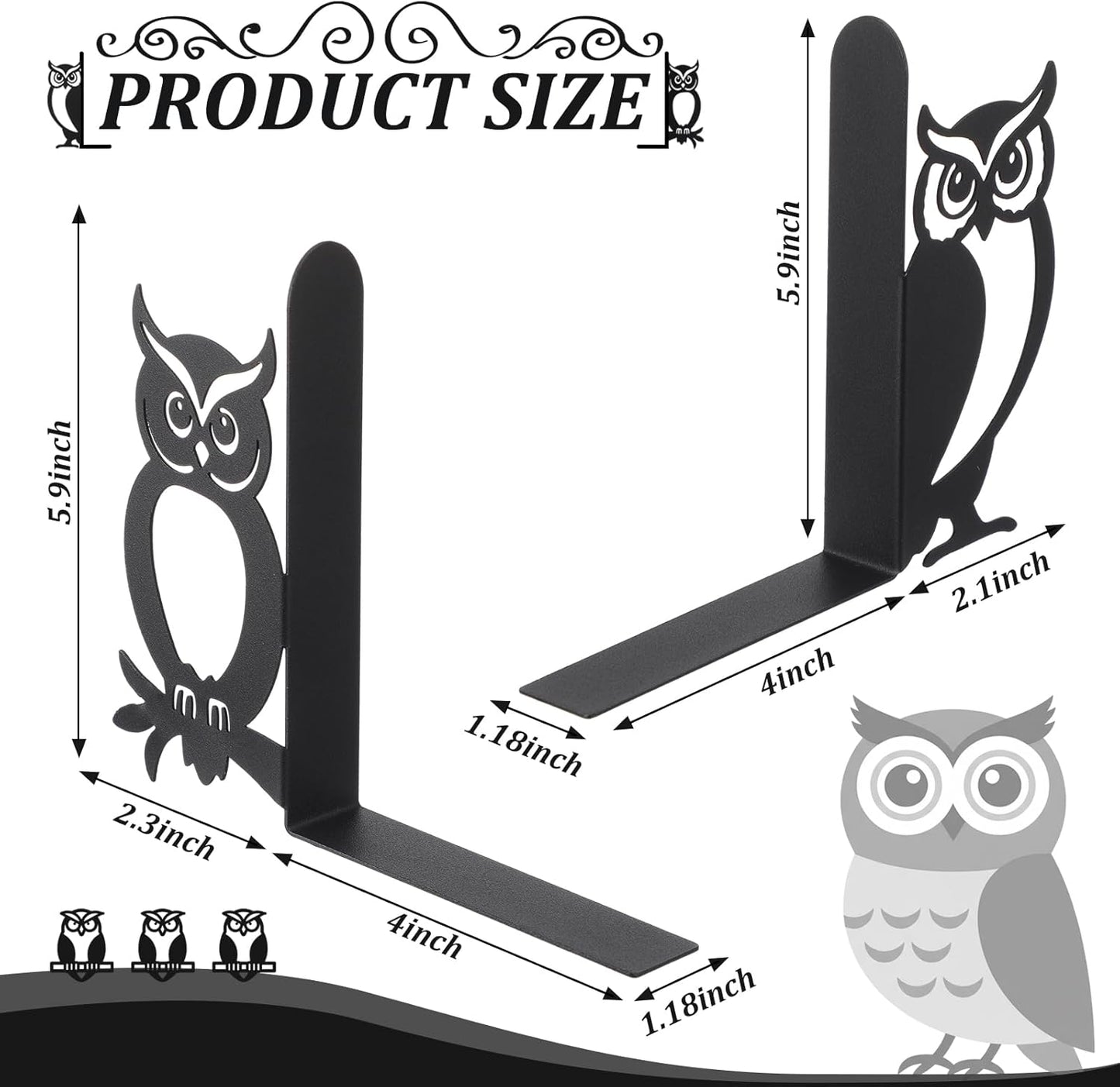 Geelin Owl Bookends for Shelves Decorative Metal Book Ends Set of 2 Styles Vintage Style Black Owl Design Heavy Duty Non-Slip Book Holders for Home Library Office Decor Gift for Reading Lovers