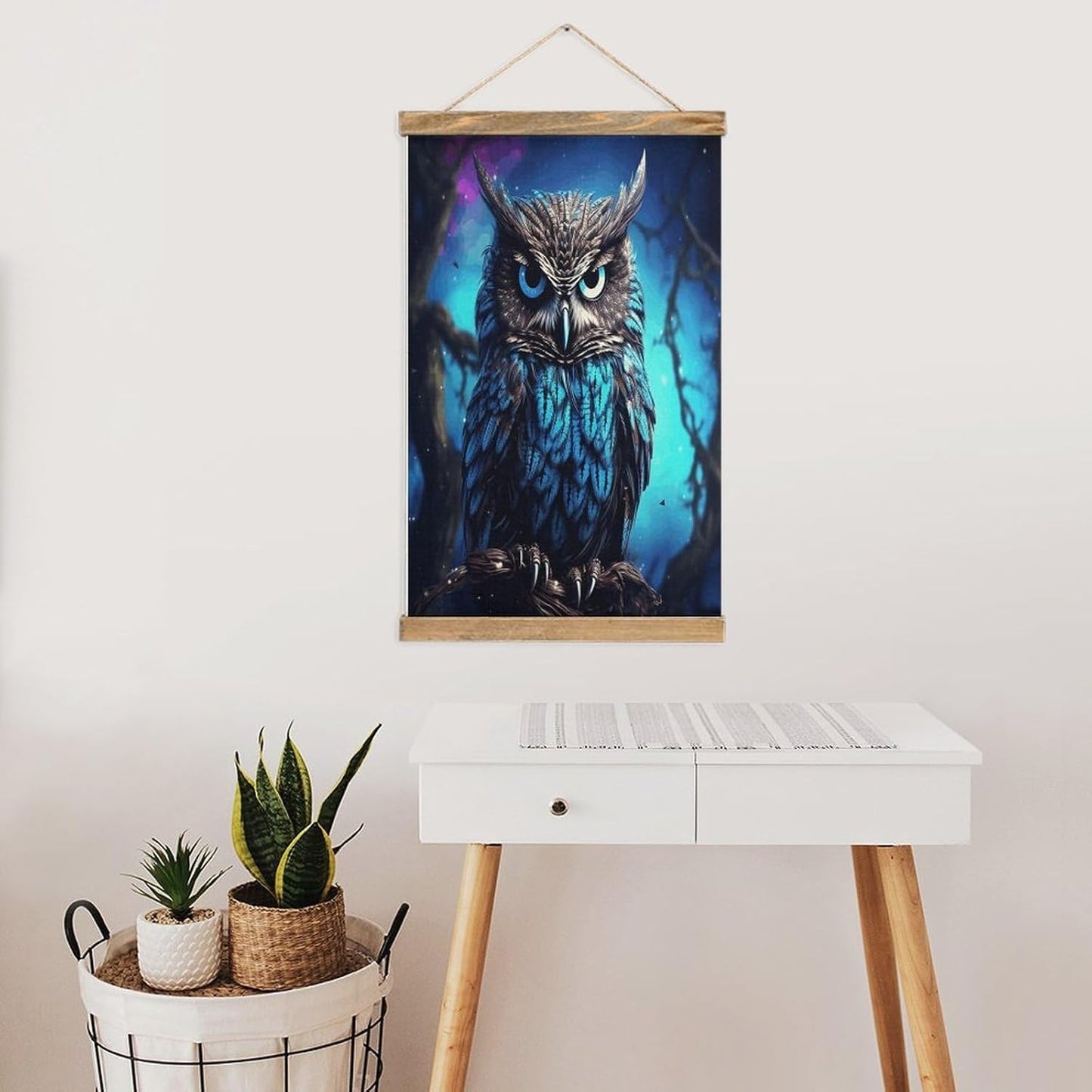 Vintage Blue Owl Poster with Wooden Frame Personalized Linen Hanging Scroll Painting Rustic Wall Hanging Illustrative Modern Artwork Decor for Home Living Room Bedroom Office