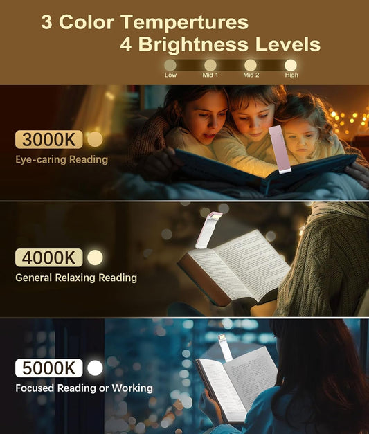 VTIGER Reading Light, USB Rechargeable Book Light for Reading in Bed,Foldable Clip-on LED Booklight, 3 Amber Colors & 4 Brightness Dimmable,Long Lasting Portable Bookmark Lamp for Book Lovers, Kids