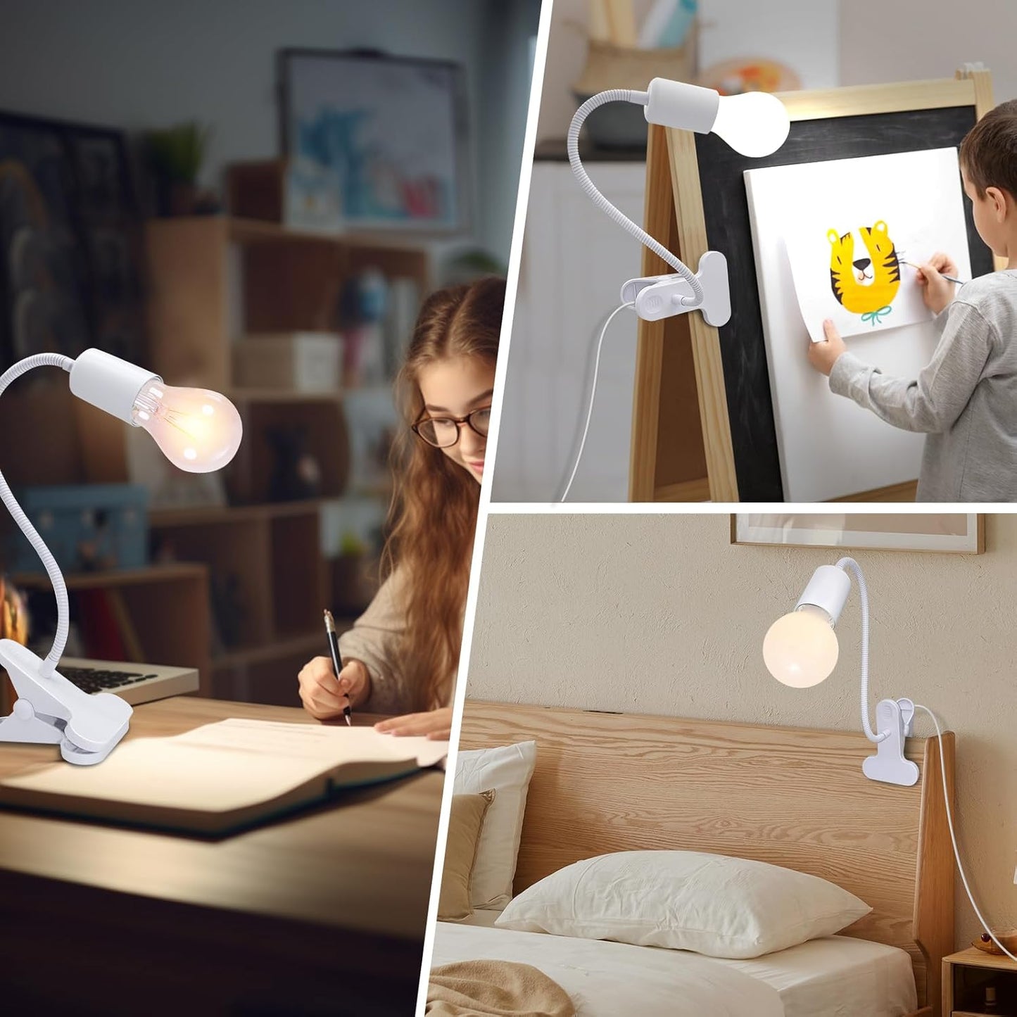 2 Set Clip Desk Lamp Socket with Adjustable Flexible Neck, E26 E27 Clip Lamp Socket Clamp with 240CM Cord, Clamp Light Stand with On/Off Switch and 9 &350 MM Metal Tube Clip on Reading Light (No Bulb)