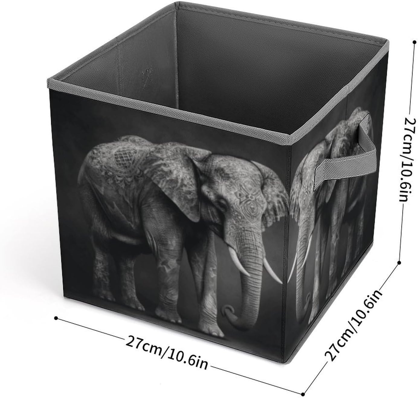 Black And White Elephant Image Storage Bins with Handles Fashion Large Storage Cubes Sturdy Foldable Storage Boxes Space-Saving Storage Baskets for Home Office Clothes Closet Organizers