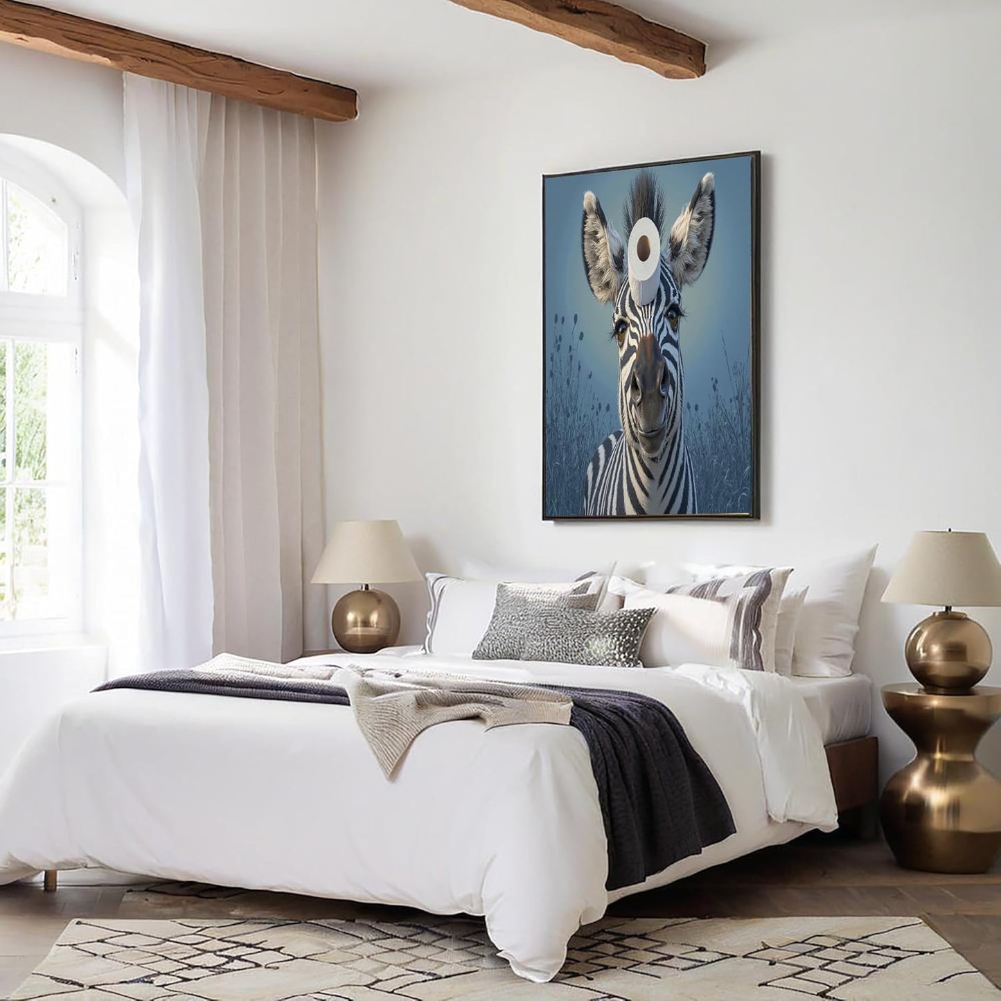 GDJSMIN Cute Animal Oil Painting Wall Art, Zebra With Toilet Paper Roll On Head Poster for Reading Room Living Room Decor 24 x 36 inch Unframed