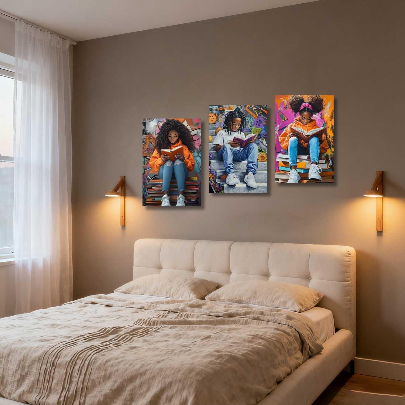 ZSHARTSWD 3 Pieces African American Wall Art Black Girl with Boy Reading Picture Black Children Canvas Print Inspiring Painting for Teen Bedroom Decor Framed (Orange, 11.00" x 14.00" x 3PCS)