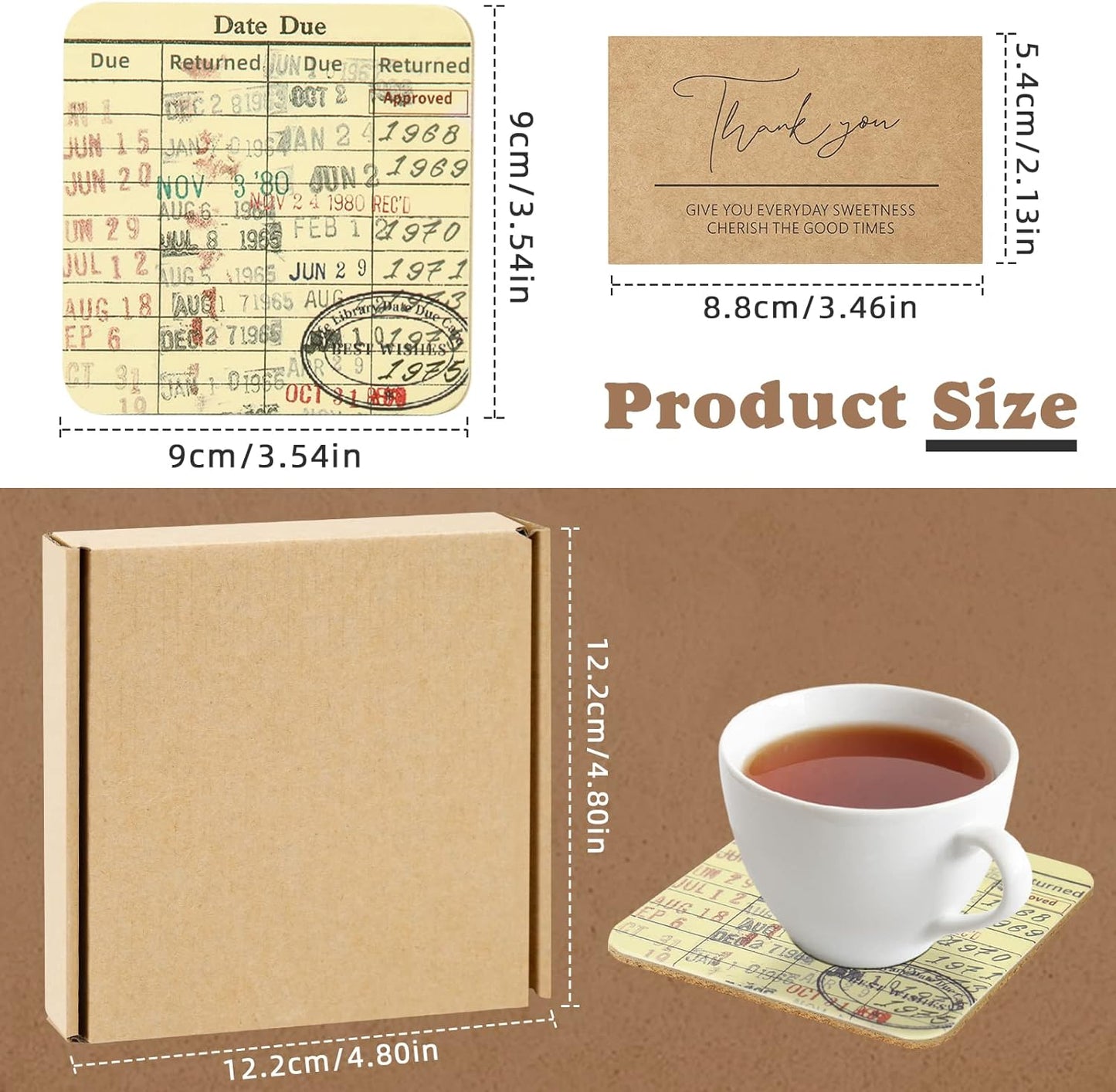 Vintage Library Due Date Card Coaster Set, 4pcs Library Card Coasters with Gift Card, Creative Drink Coffee Mug Coaster Literary Decor Library Gifts for Book Lovers Librarians Writers