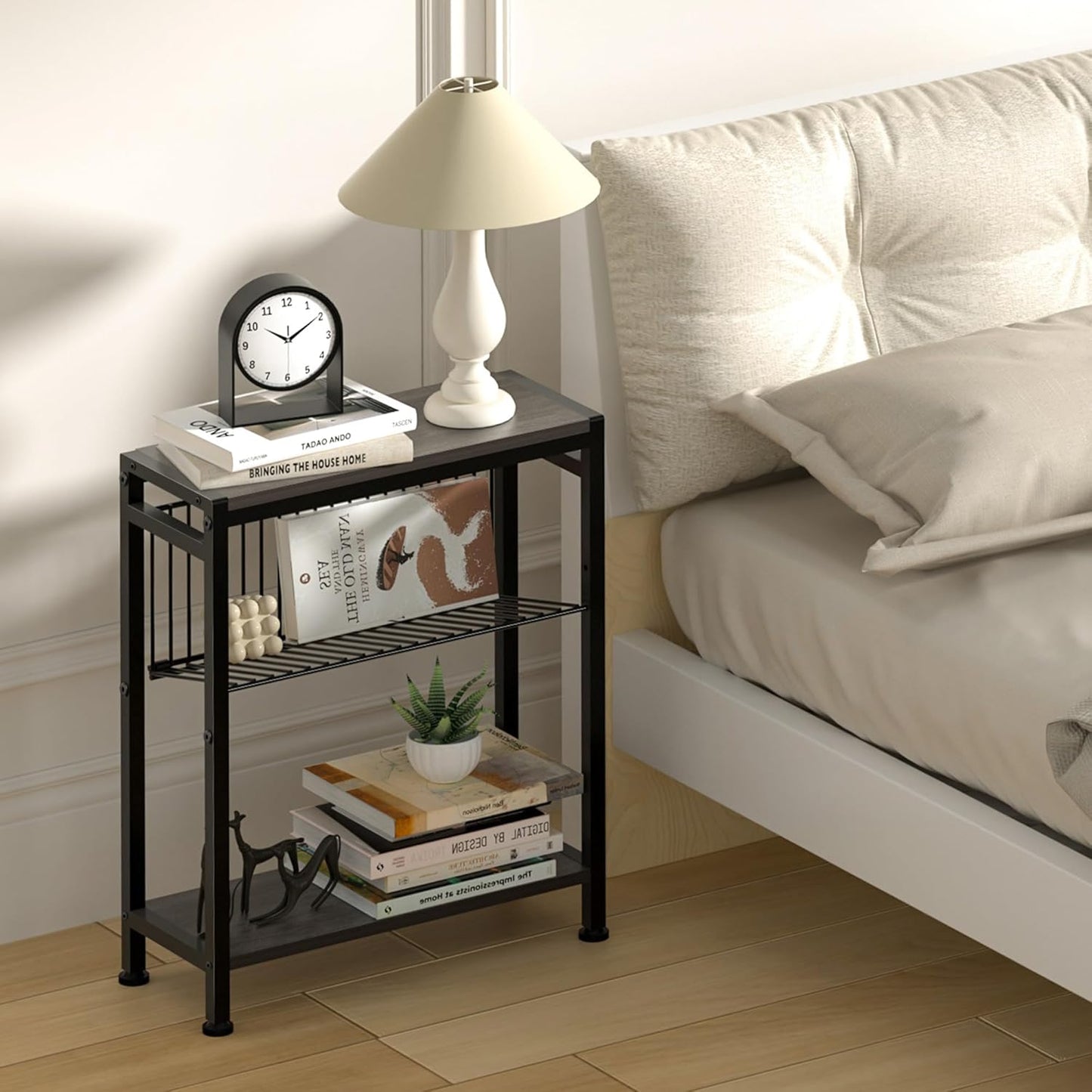 Side Table for Small Spaces, Narrow End Table with Magazine Holder, 2 in 1 Design Slim Side Table, Skinny Nightstand for Living Room Bedroom, Thin Side Magazine Table, Grey